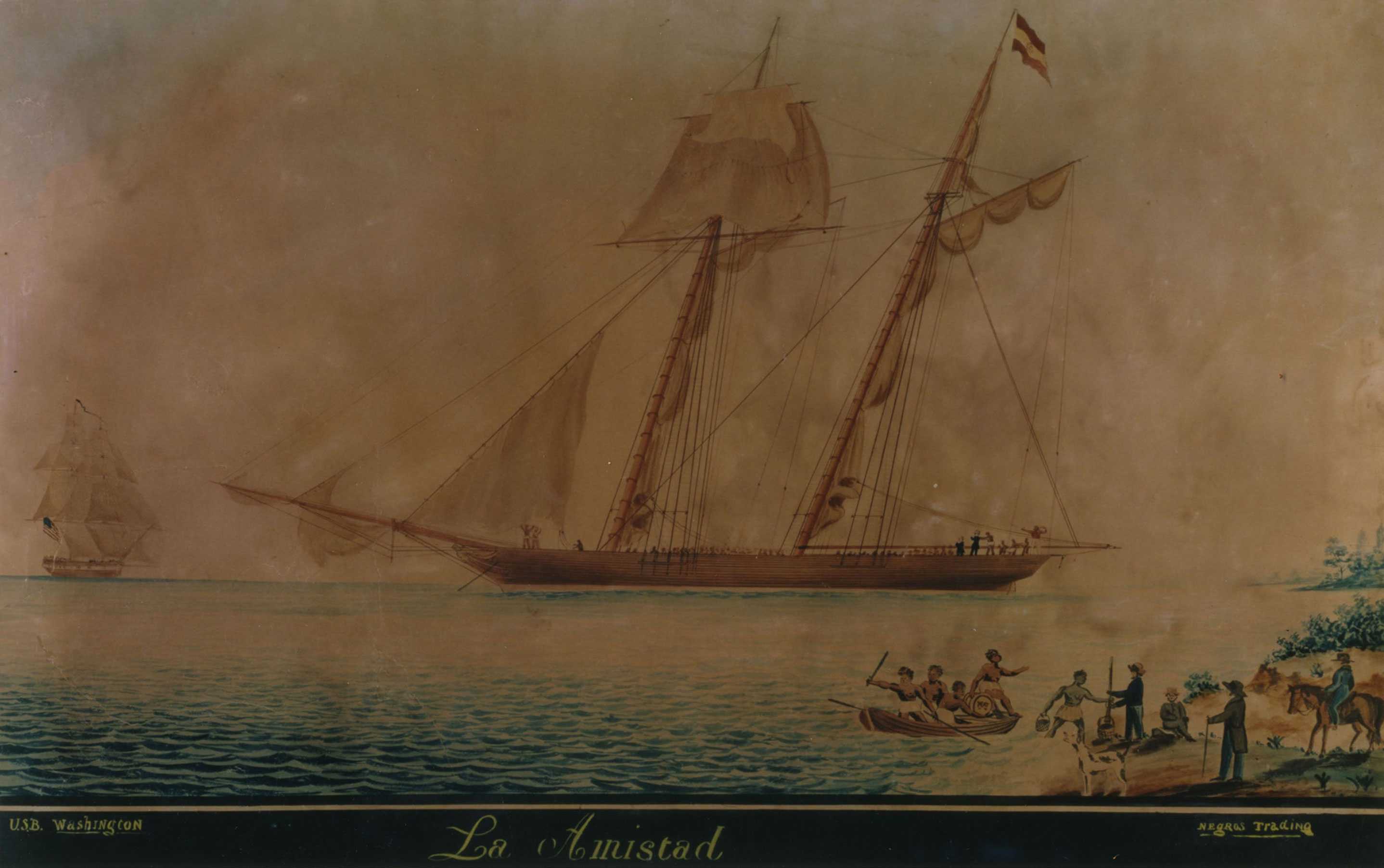 A muted color watercool of two masted schooner. Small group of five people in dory trading on shore with 4 white men.