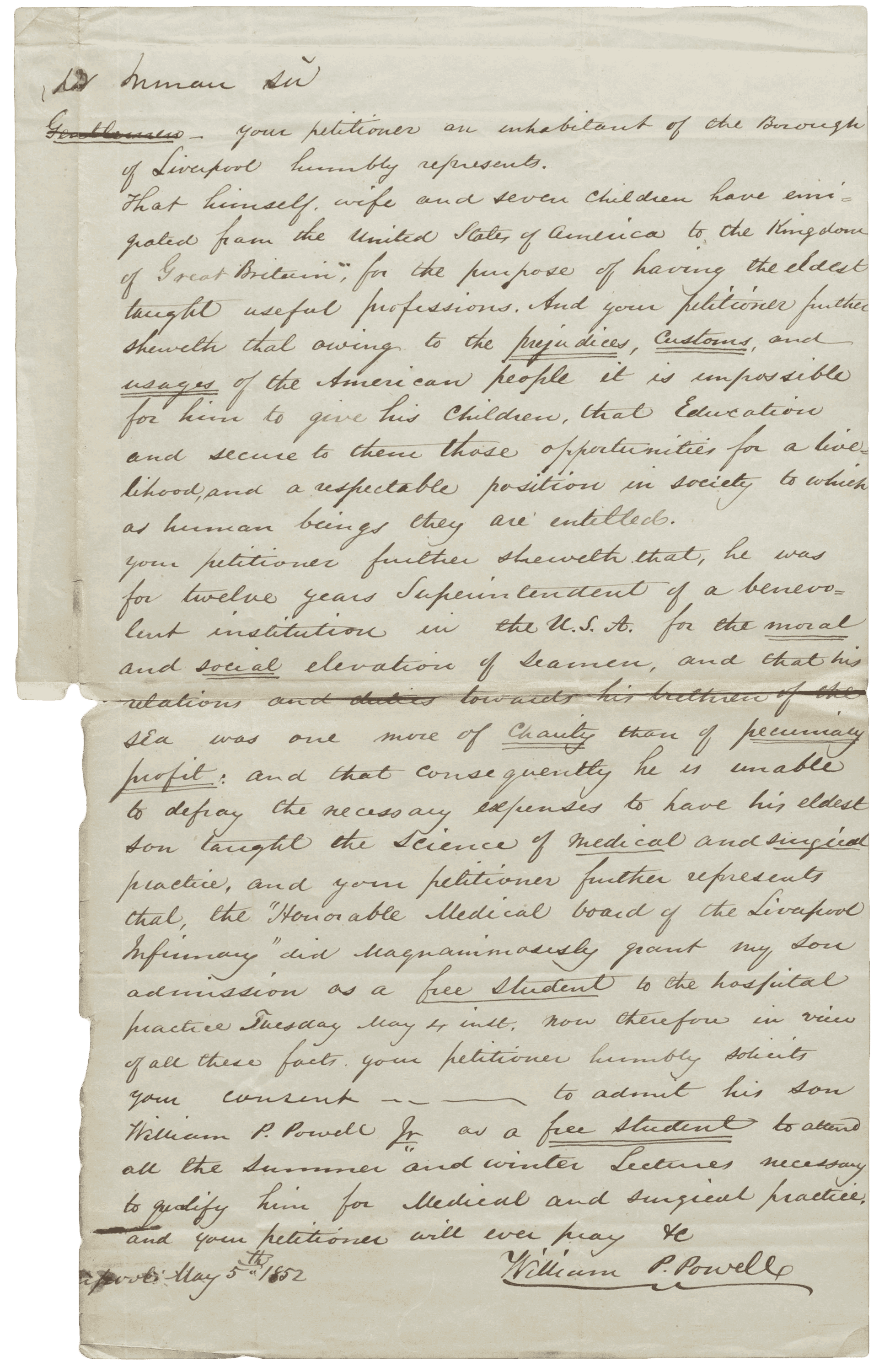 A page of a letter from William P Powell written in cursive. Some words are underlined. It is signed by Powell.