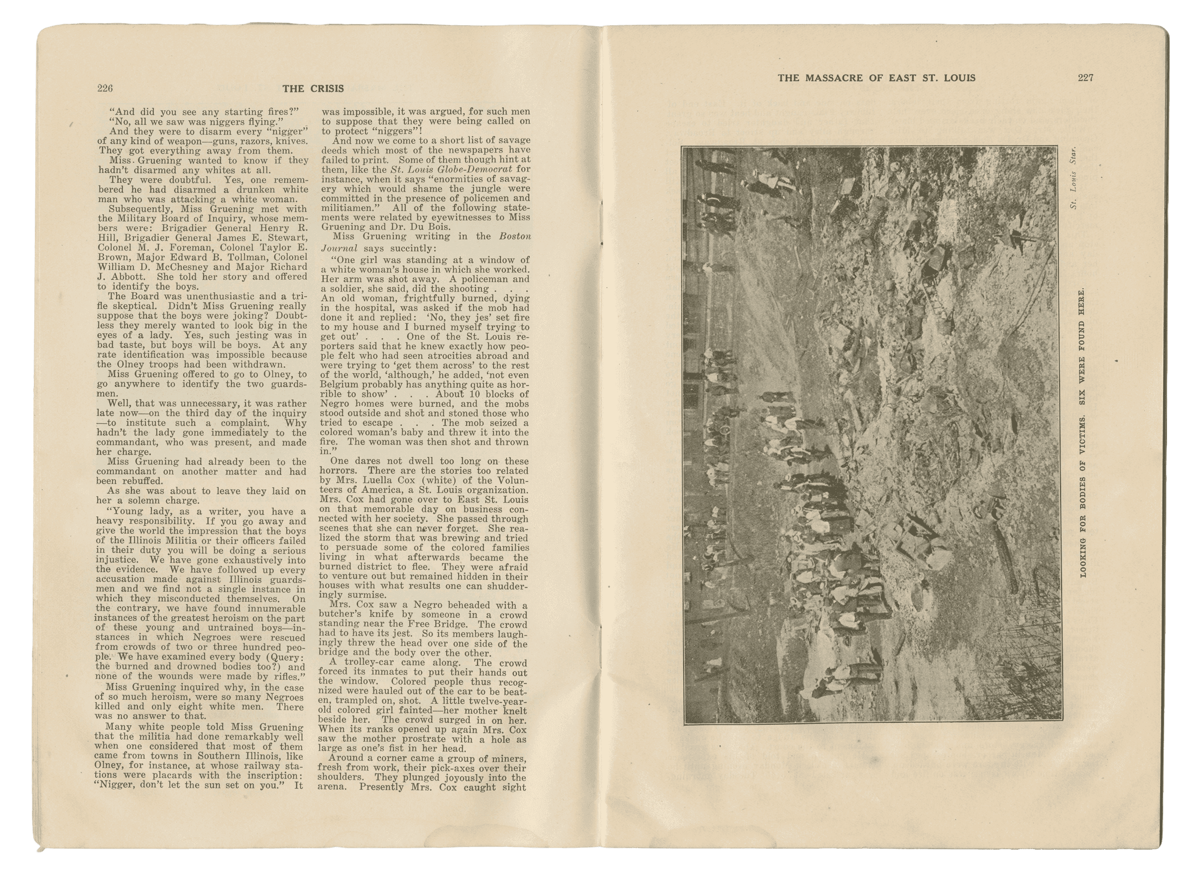 September 1917 issue of The Crisis. The two pages have the article and photograph of the East St. Louis massacres.