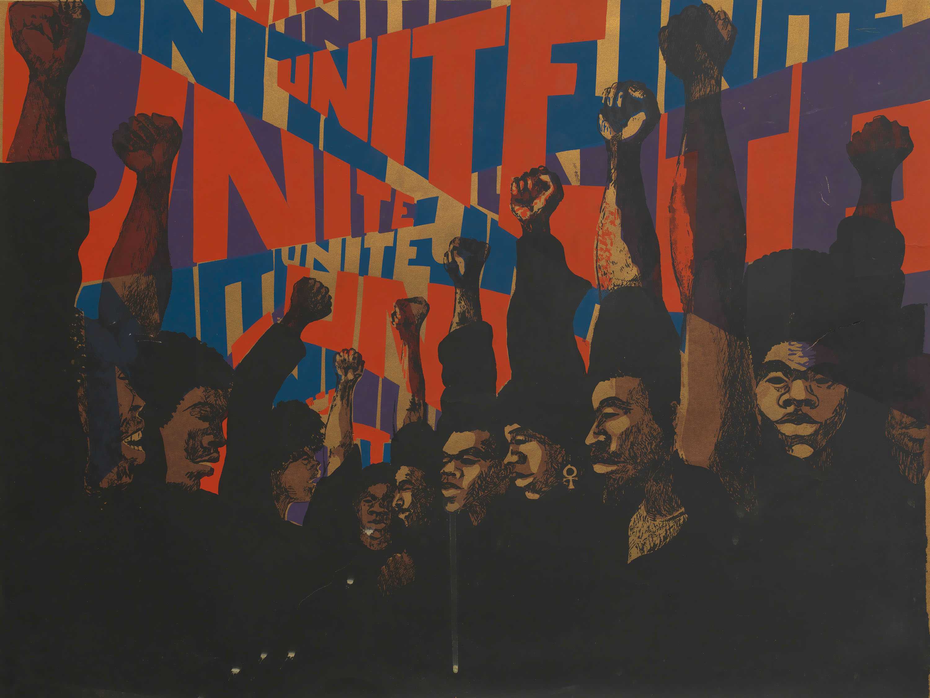 Screen print of nine figures with raised fists. A graphic background with word "Unite" multiple times.