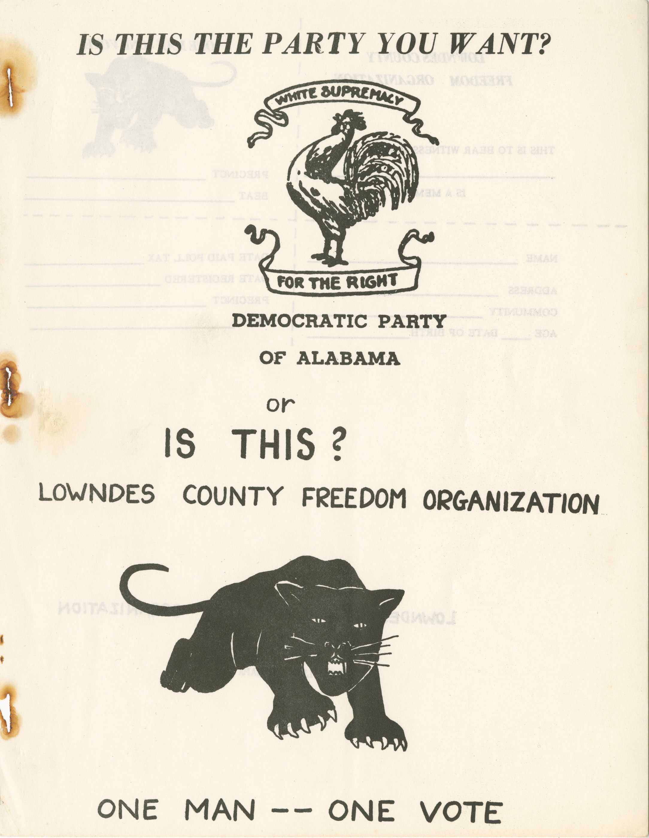 A pamphlet for the Black Panther Party of Lowndes County Alabama with the title "Is this the party you wanted? or is this?".