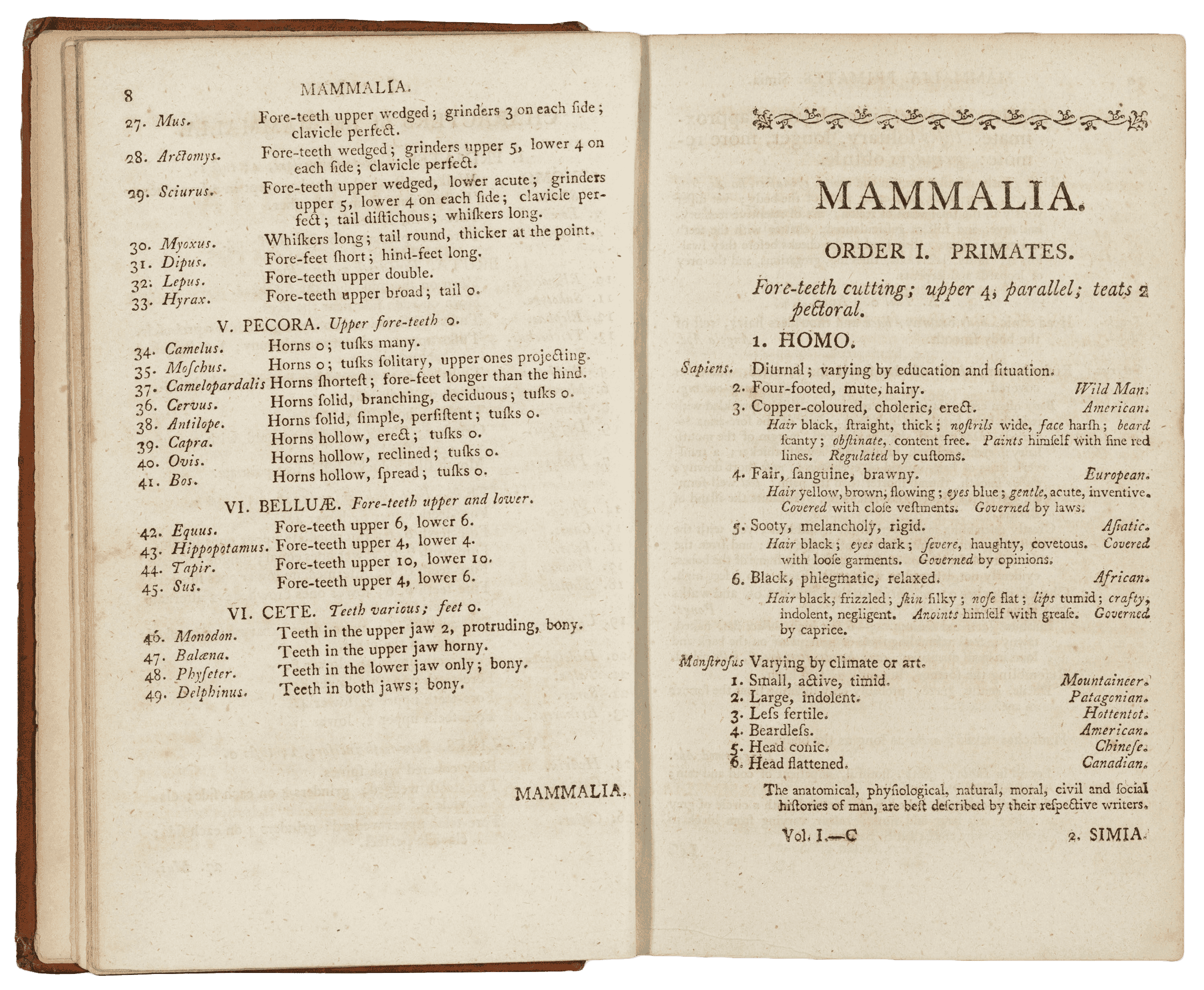 A page spread of the book De humana physiognomonia about mammals. The text is written in Latin.