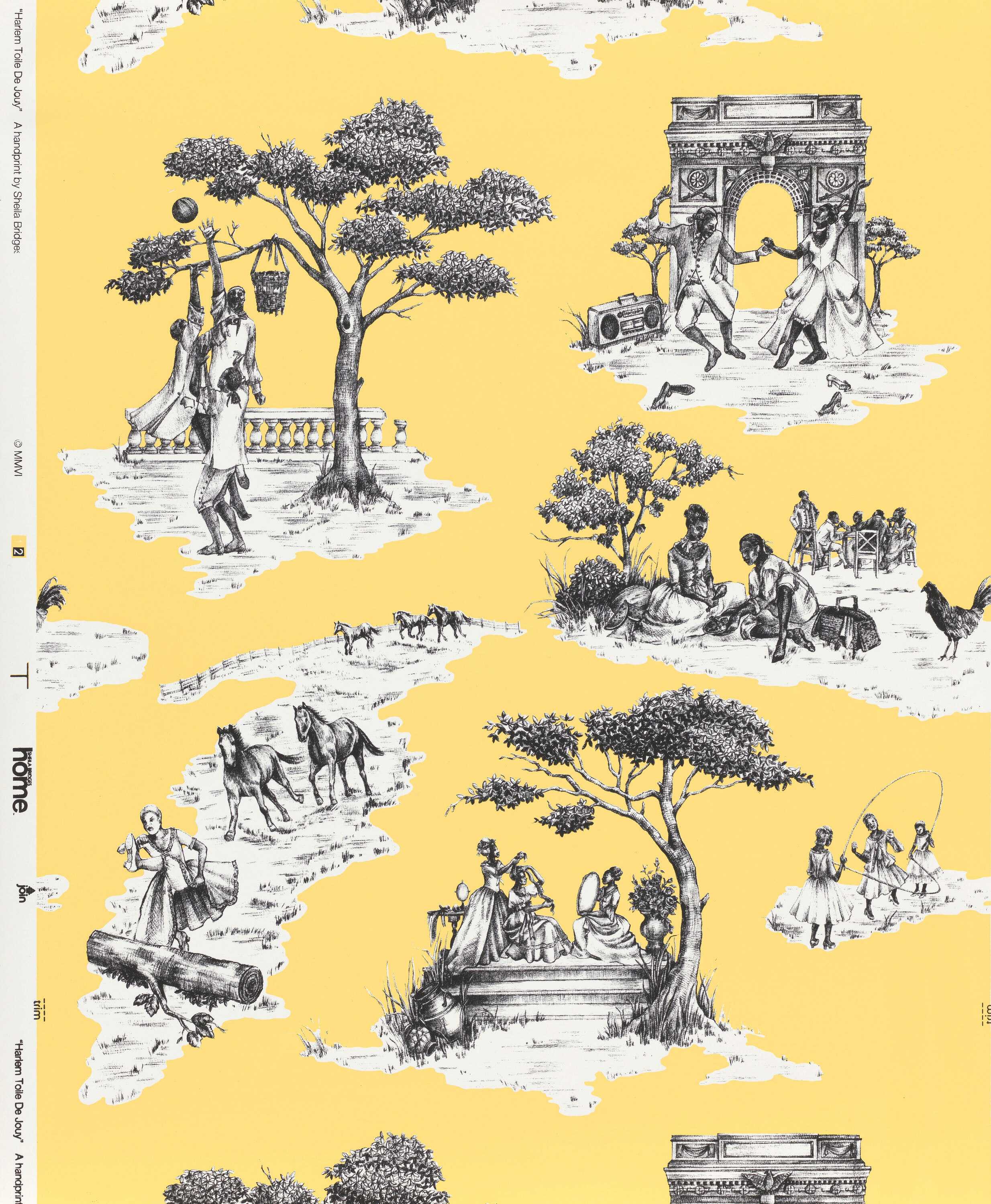 Yellow wall paper with black and white vignettes in the toile style..  They feature scenes of people engaged in leisure activities in 18th century clothing.