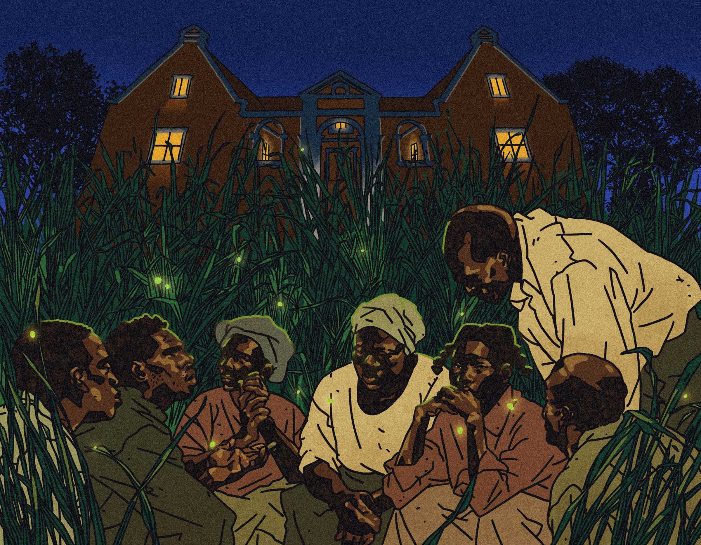 A digital illustration of the Curaçao Revolt. The group hide in tall grasses outside a large house.