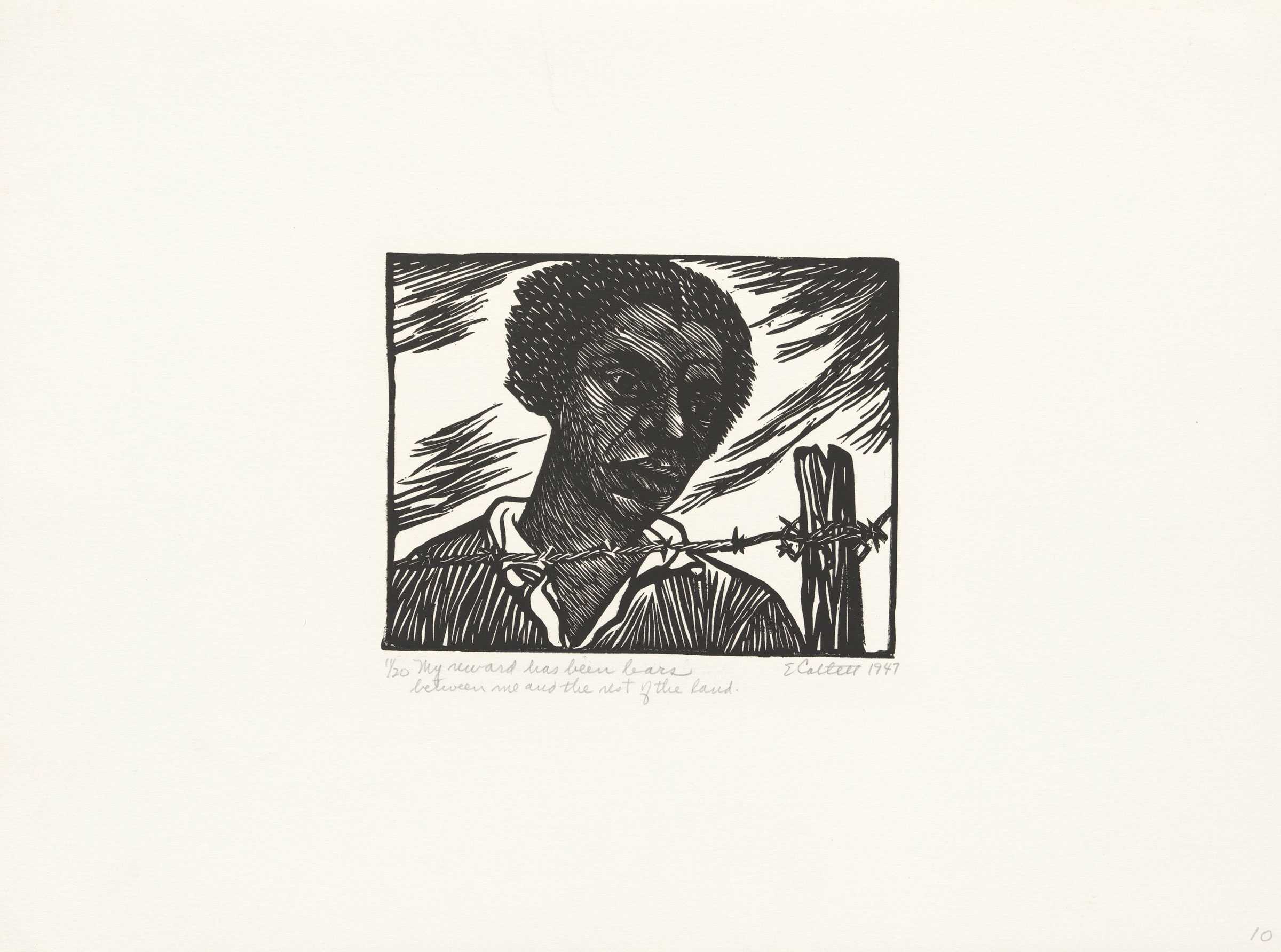 Black and white linocut of woman behind barbed wire fence with wooden post.