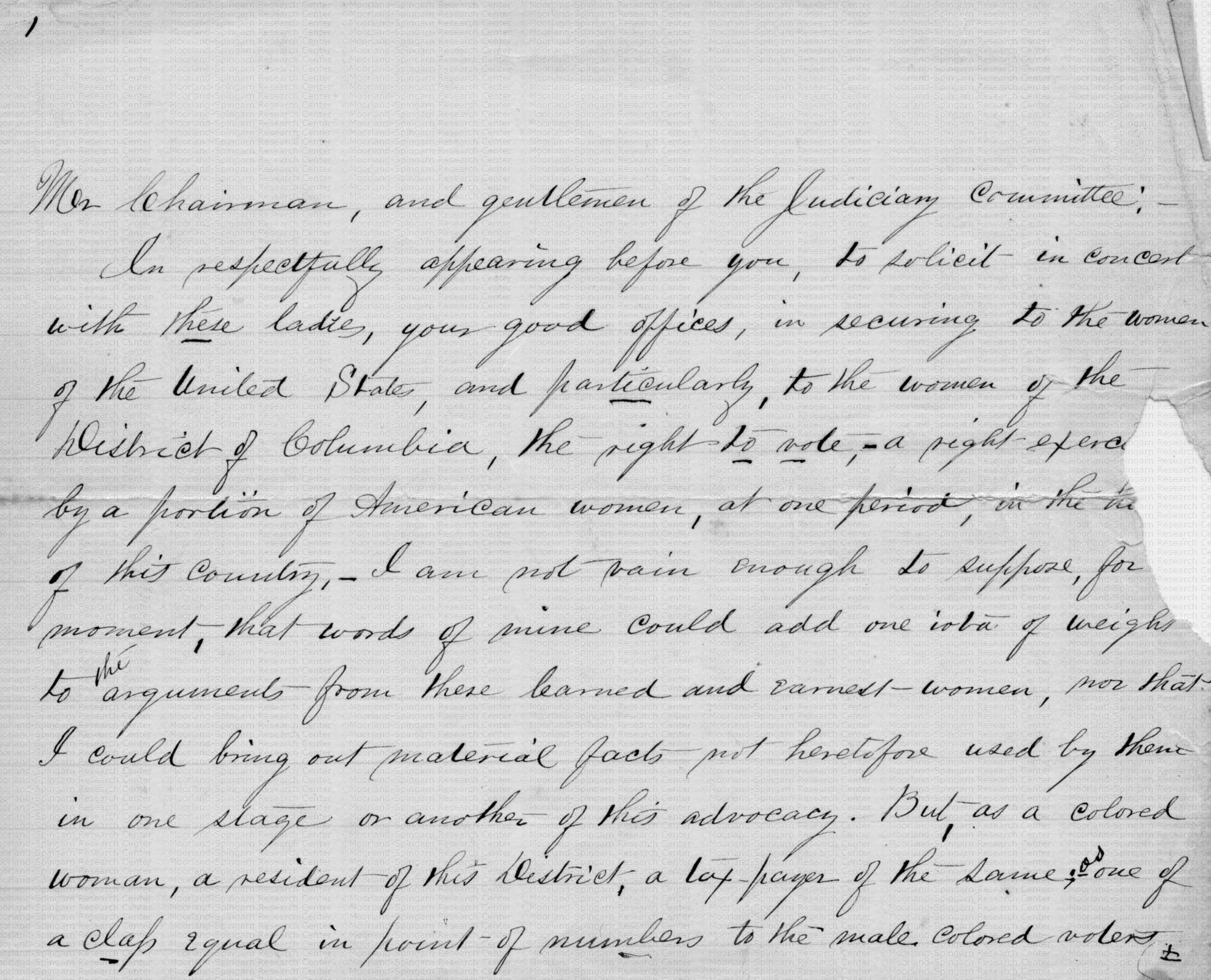 The first page of the speech is hand written in neatly cursive writing. The slightly yellowed paper is worn and torn.