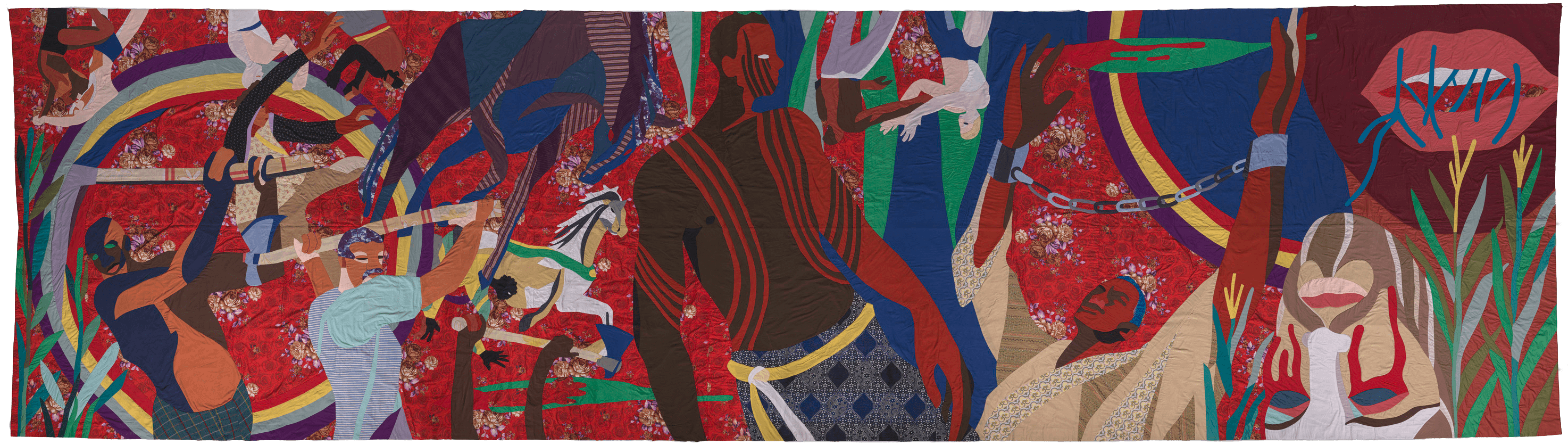 A large colorful textile work depicting the life of Nat Turner and the rebellion of enslaved person in 1831.  The work consists of a single, long, rectangular panel, handsewn with pieces of appliquéd fabrics creating colorful and curving figures and imagery against a red, floral print background. The appliqué pieces include a variety of textiles, some solid colors and some with printed or woven design patterns.