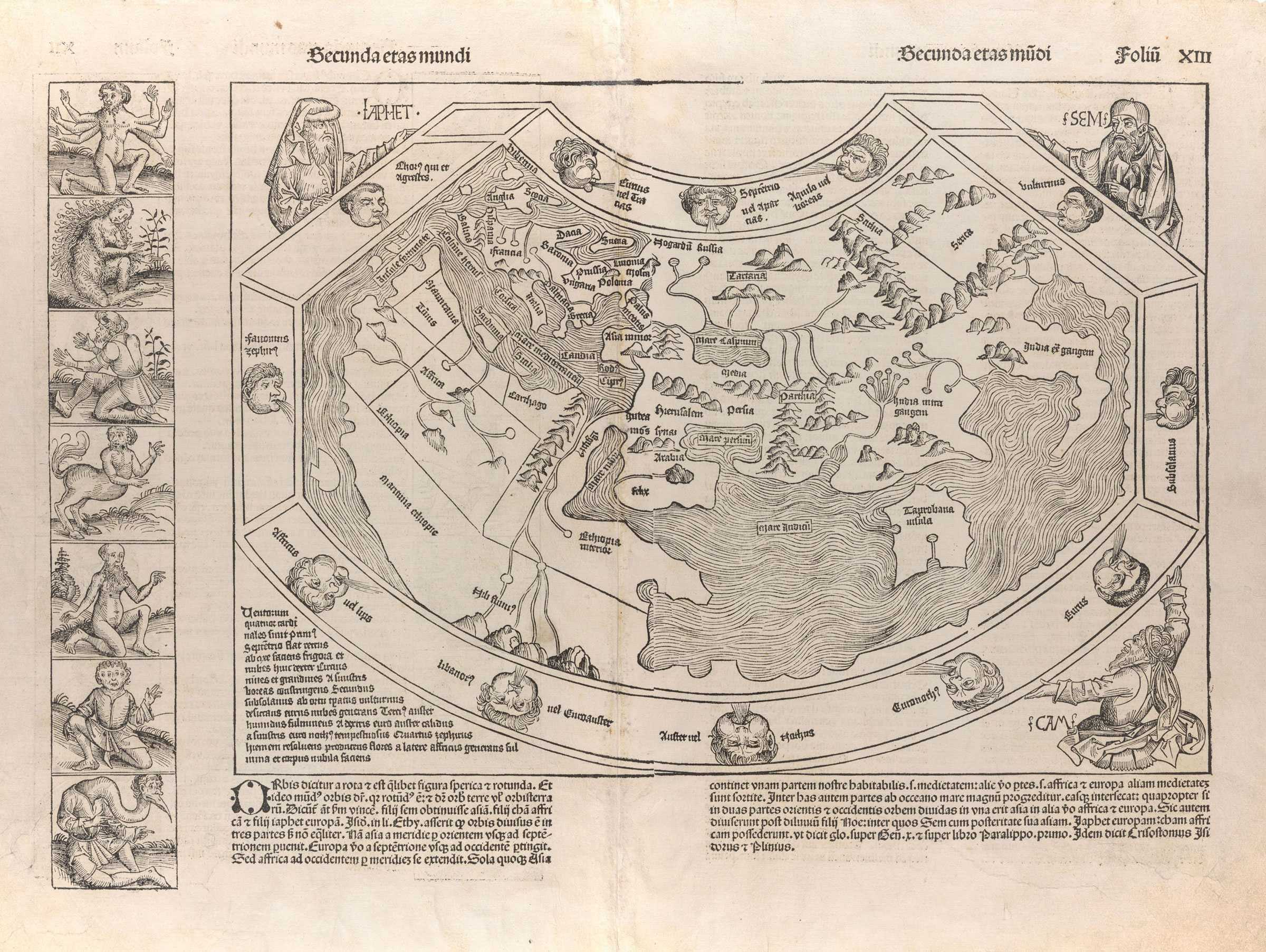 The 'Nuremberg Chronicle World Map' from the World Chronicle with illutrations of people and land masses.