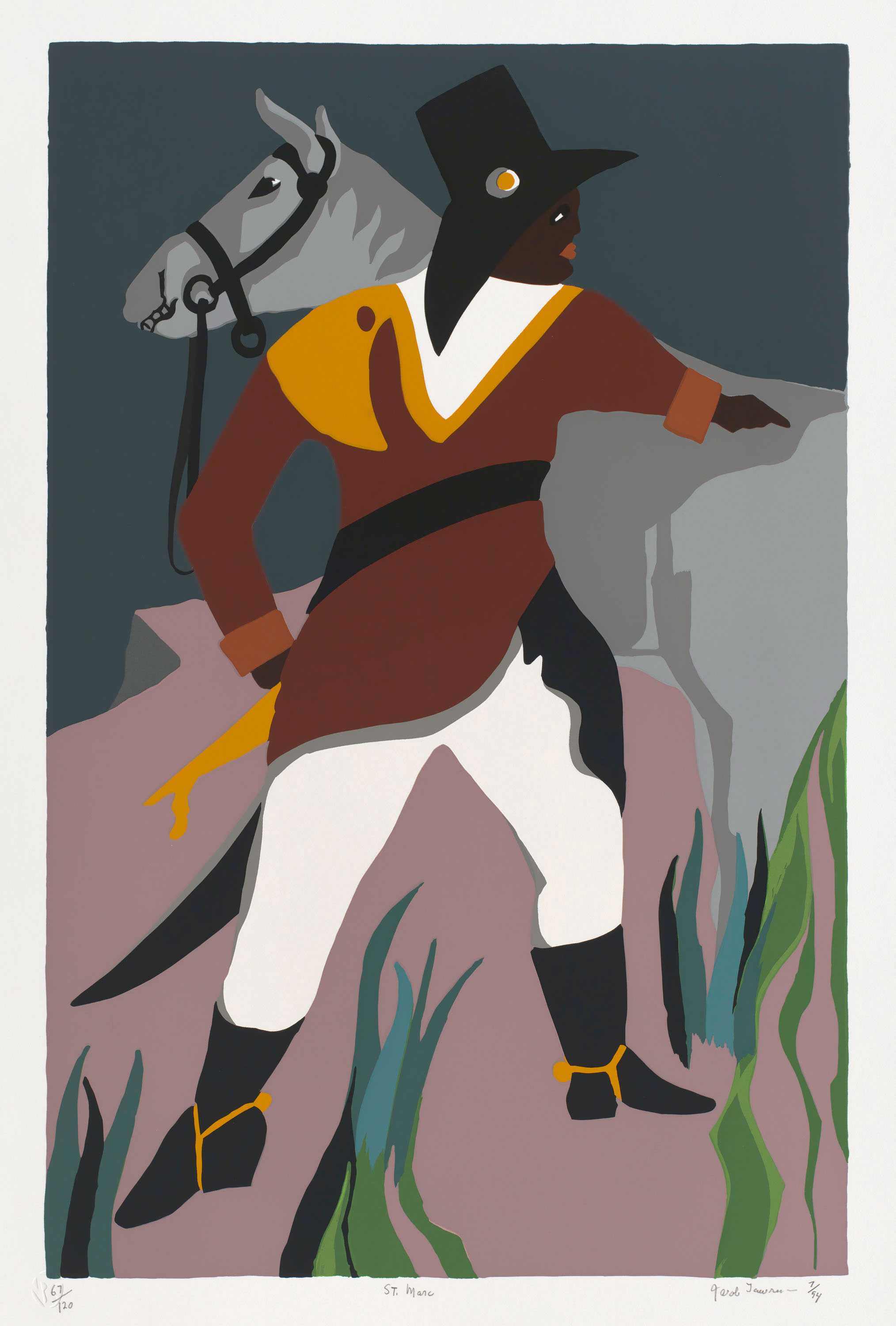 Silkscreen print of man in dark red coat, black sash, tall crowned hat, pointing towards grey horse.