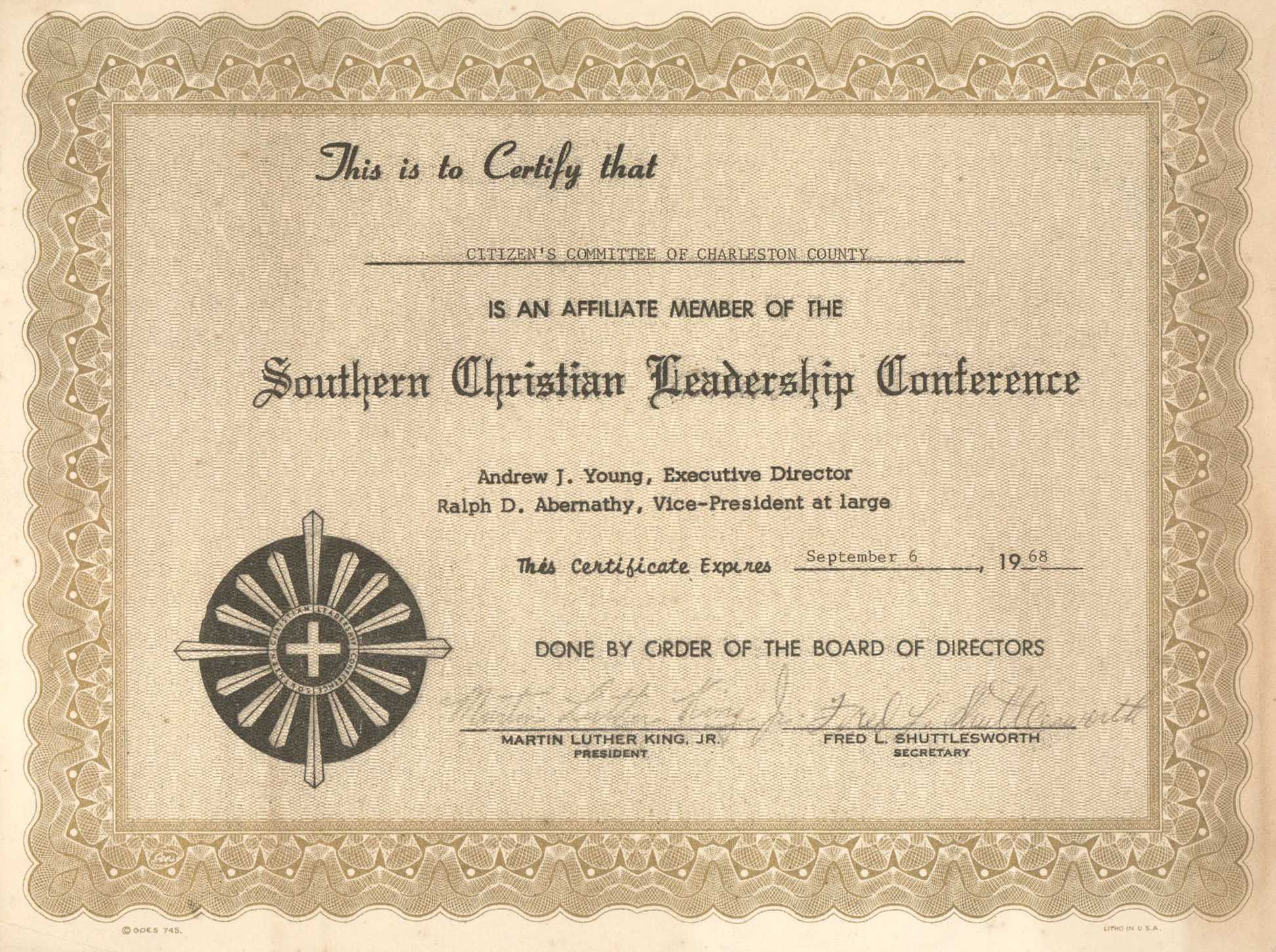 A tan tinted certificate that certifies the Citizens Committee of Charleston County and associated Southern Christian Leadership Conference.