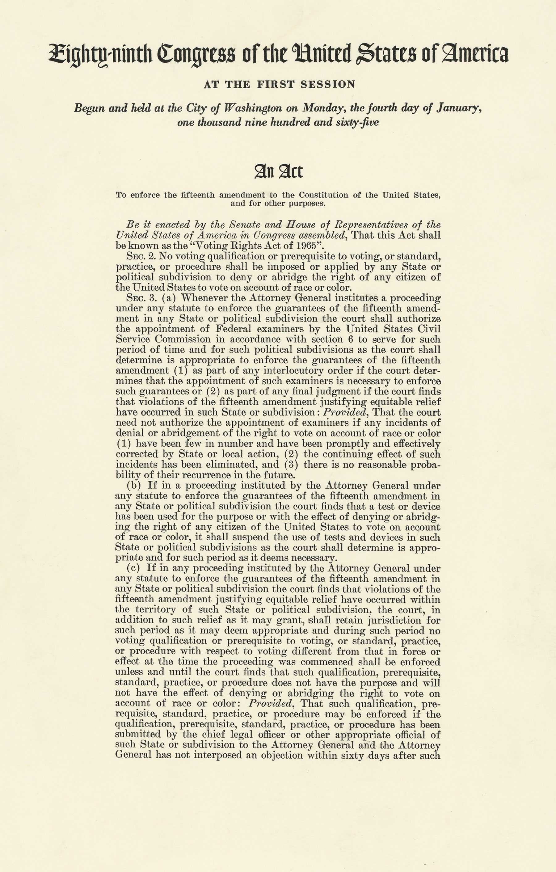 A page from the official Voting Rights Act legislation. The Act is typed and dated with a stamp.