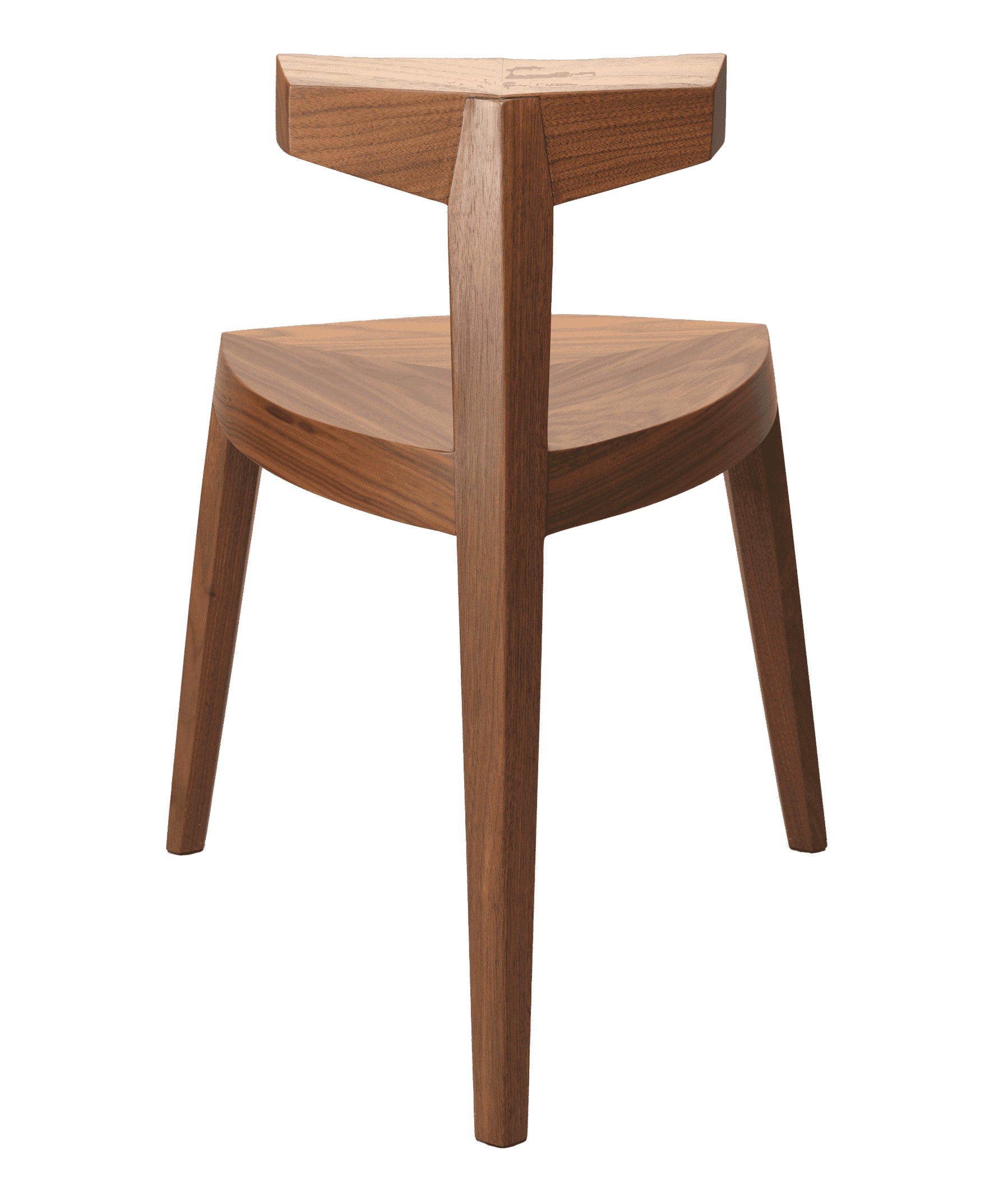 Three- legged chair made of walnut wood.  The chair has a T-shaped backrest.