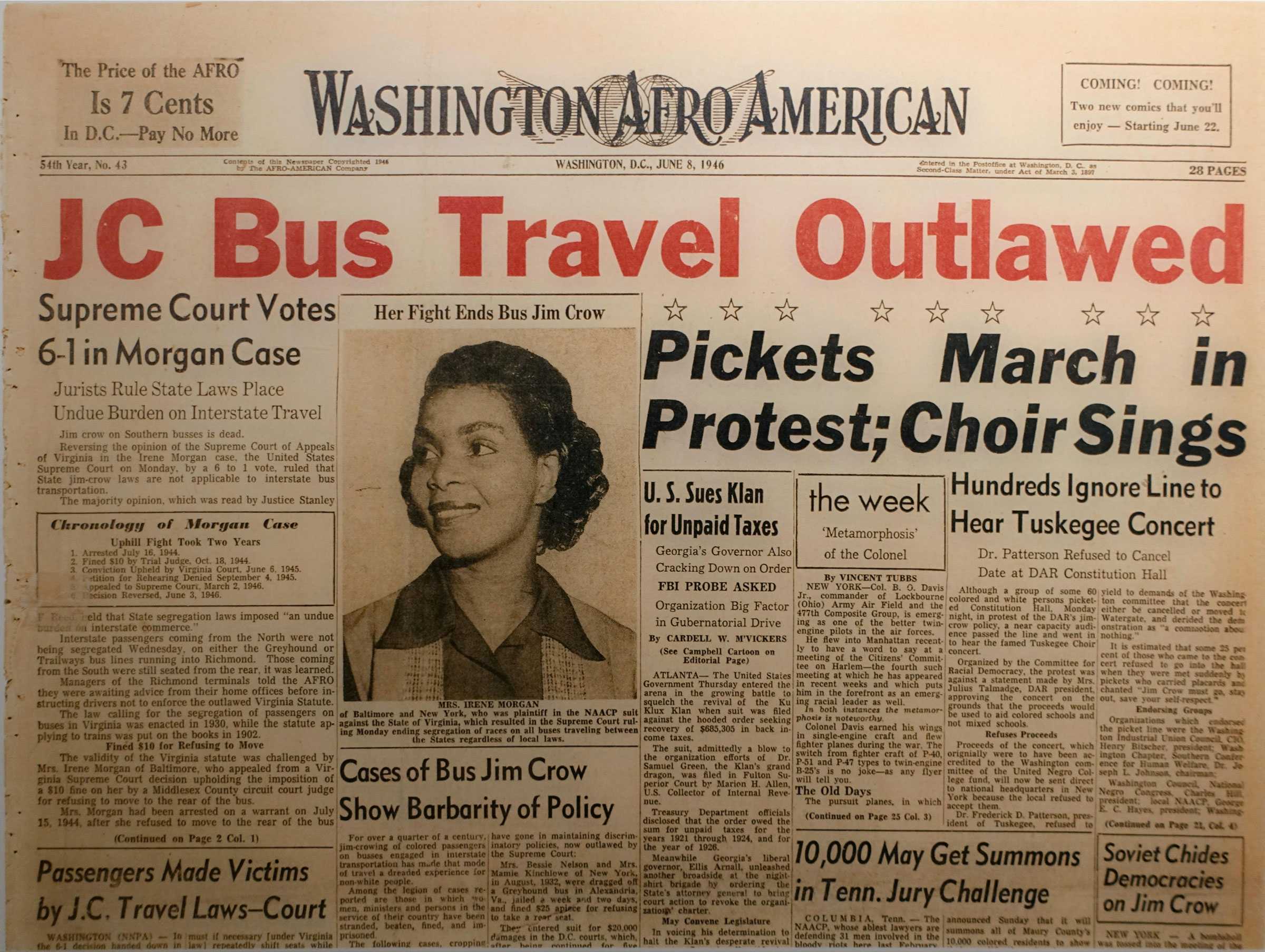 Front page of "Washington Afro-American" from June 8, 1946.  The headlines read "JC Bus Travel Outlawed"