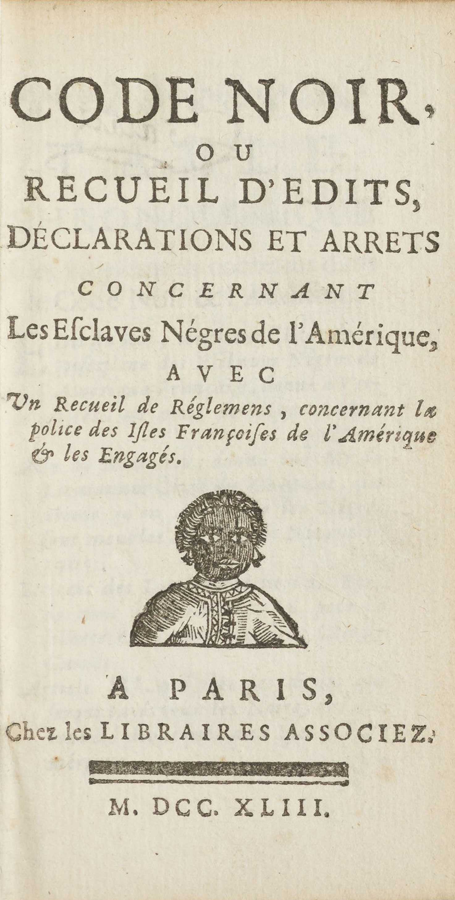 The front pamphlet about Black code in French. A small illutration of a Black person is in between the title and publisher.