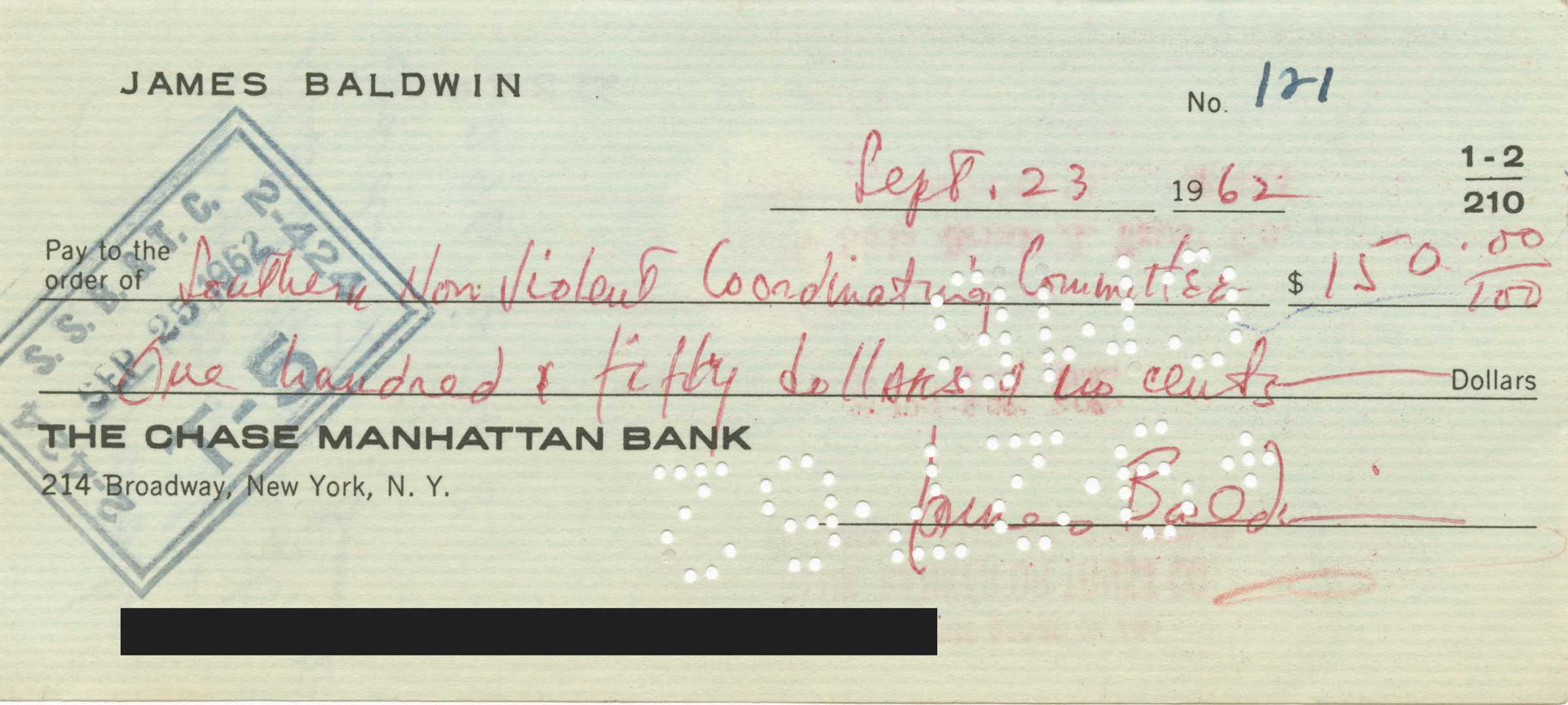 A Chase Manhattan Bank check from James Baldwin to the Student Nonviolent Coordinating Committee, dated September 23, 1962, for $150.