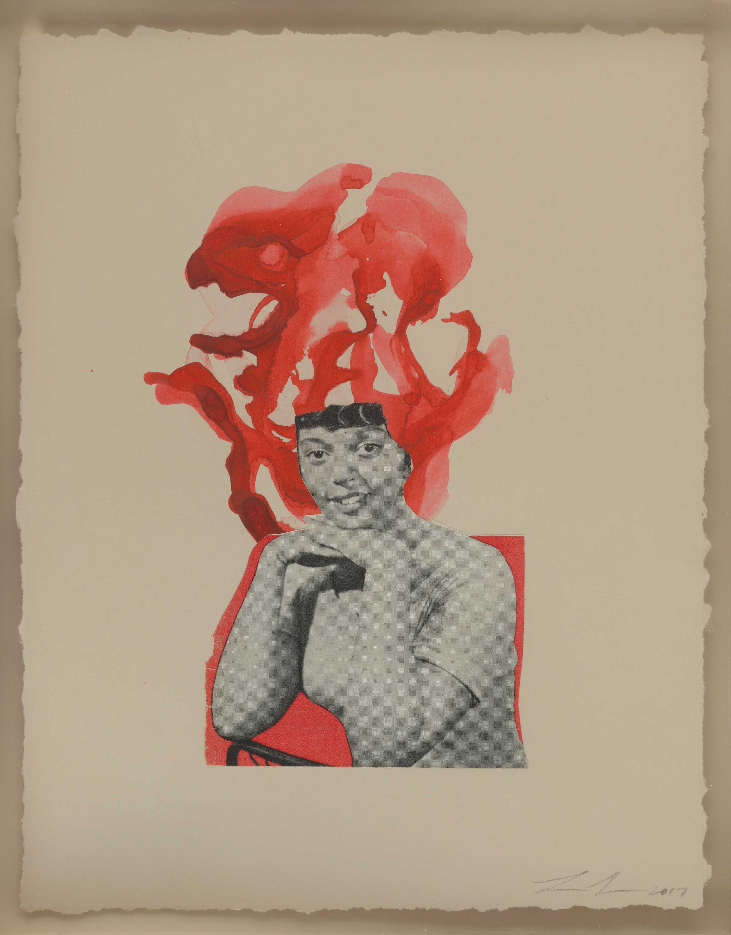 Half length portrait of a woman dressed in a tee-shirt.  She holds her hands flat under her chin.  The artist added swirls of red paint rising form the woman's head and shoulders.