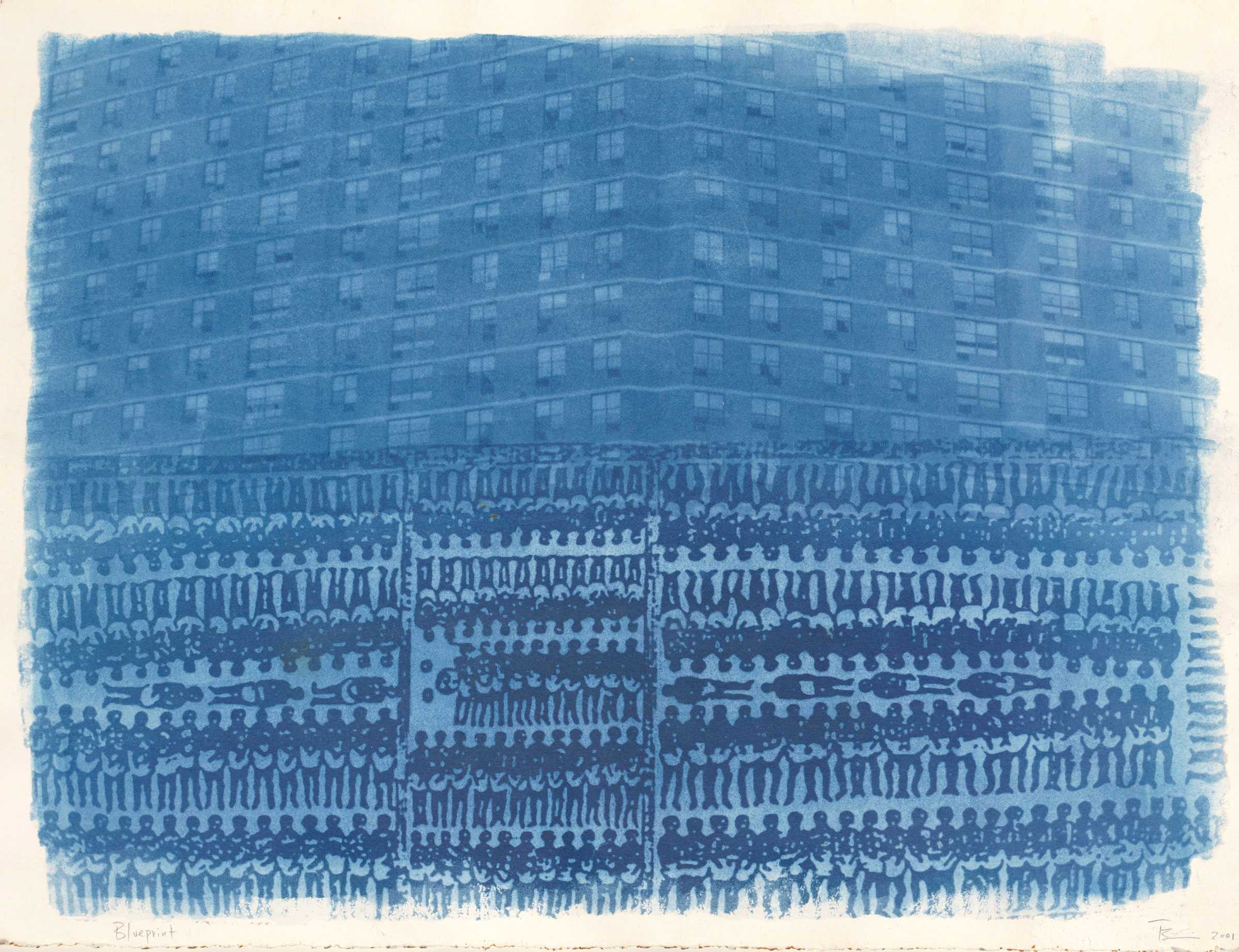 A blue photographic print showing images of a Harlem housing project and a ship with enslaved Africans.