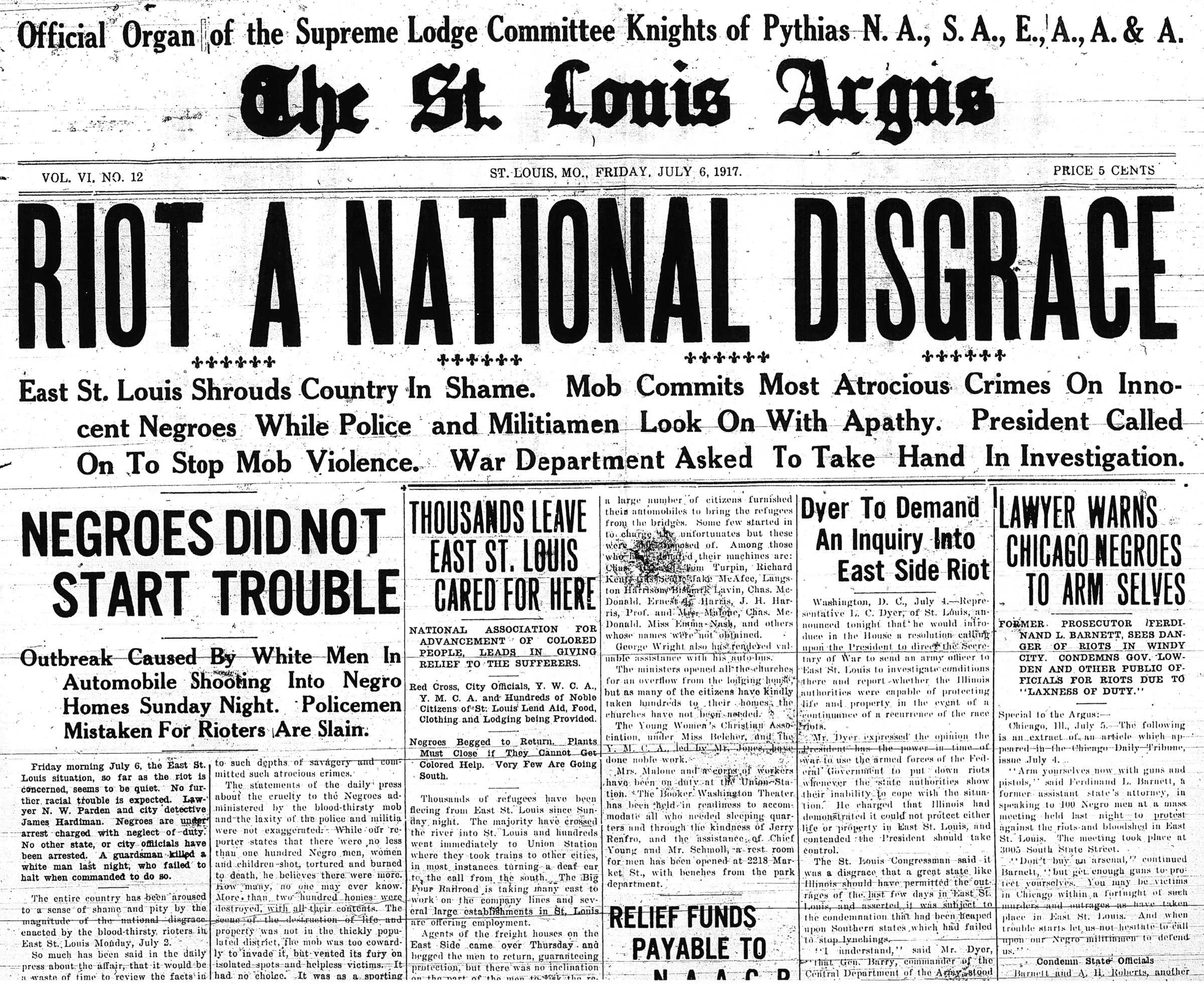 Front page of The St. Louis Argus from Friday, July 6, 1917.  Headlines Read "RIOT A NATIONAL DISGRACE."