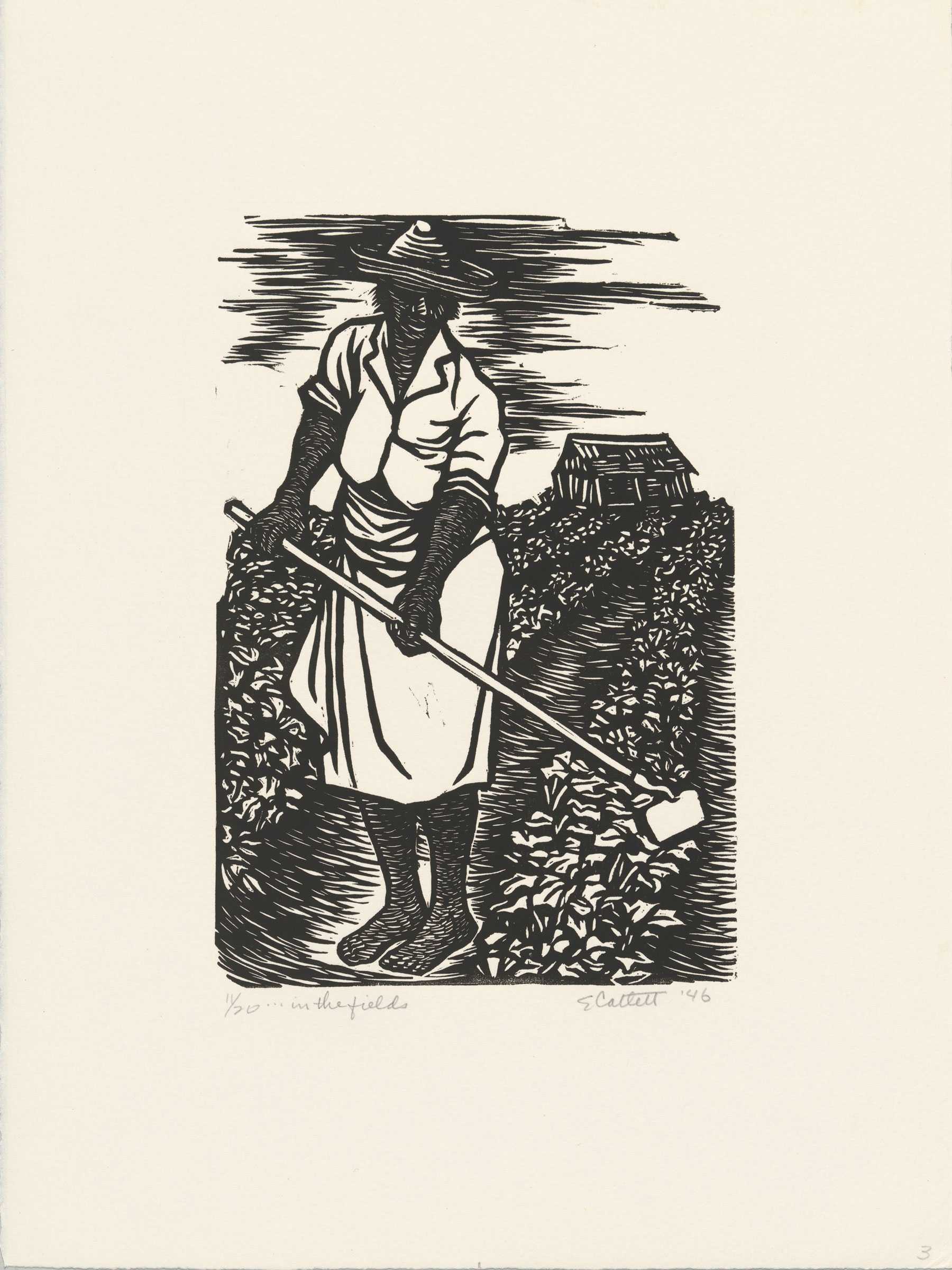 Black and white linocut of woman hoeing field, dressed in rolled-up sleeve dress and brimmed hat.