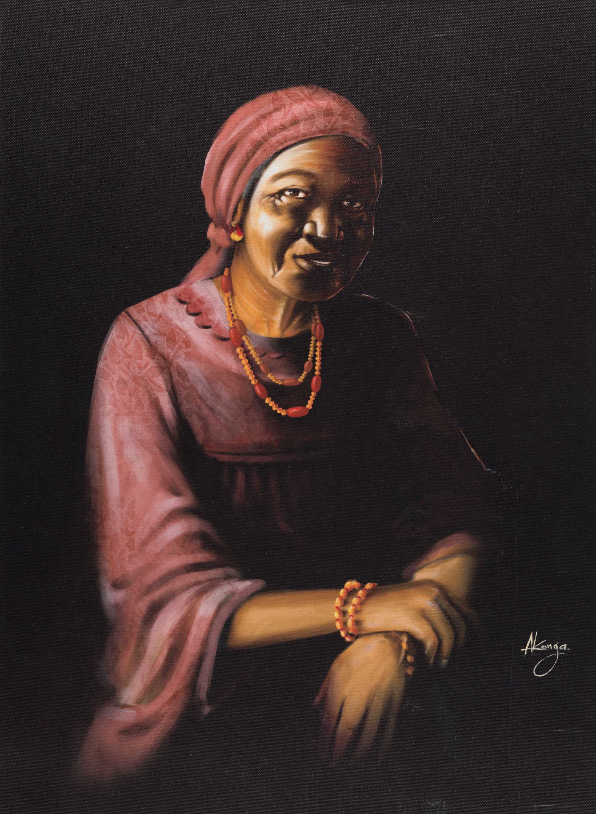 A painted portrait of Marème Diarra dressed in a maroon outfit, looking at the viewer with a slight smile.