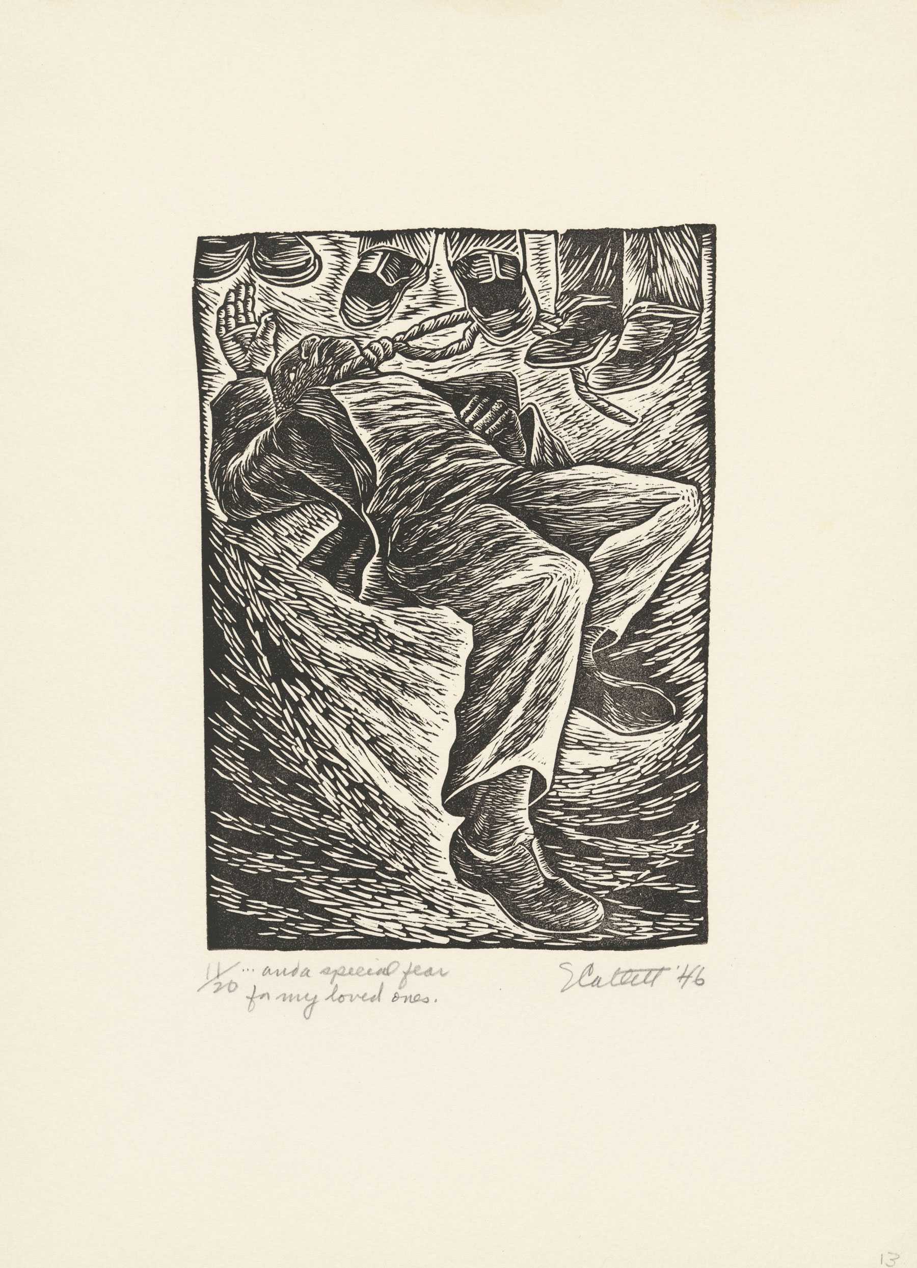 Black and white linocut of a lynched man. His is depicted lying with his limbs bent and one arm above his head.