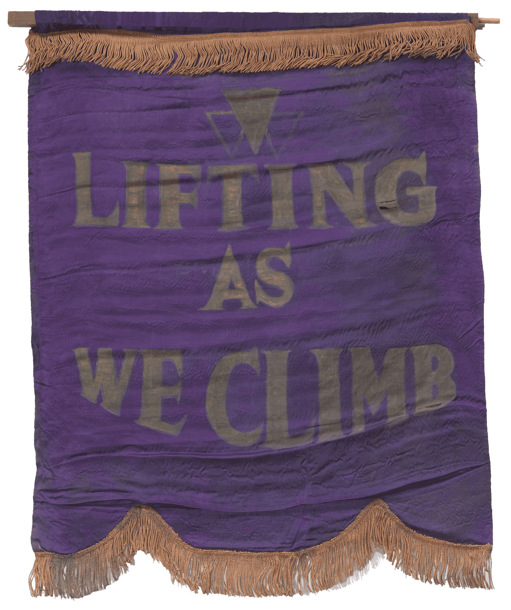 A purple silk banner with gold fringe and the National Association of Colored Women’s Clubs' motto, "LIFTING / AS / WE CLIMB" painted in large gold letters.