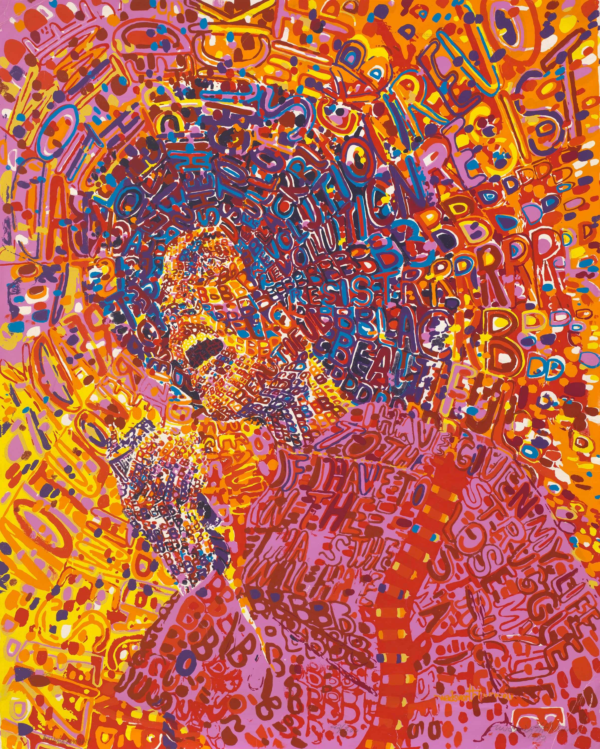 A print of Angela Davis speaking passionately. Her face and figure formed from colorful letters.