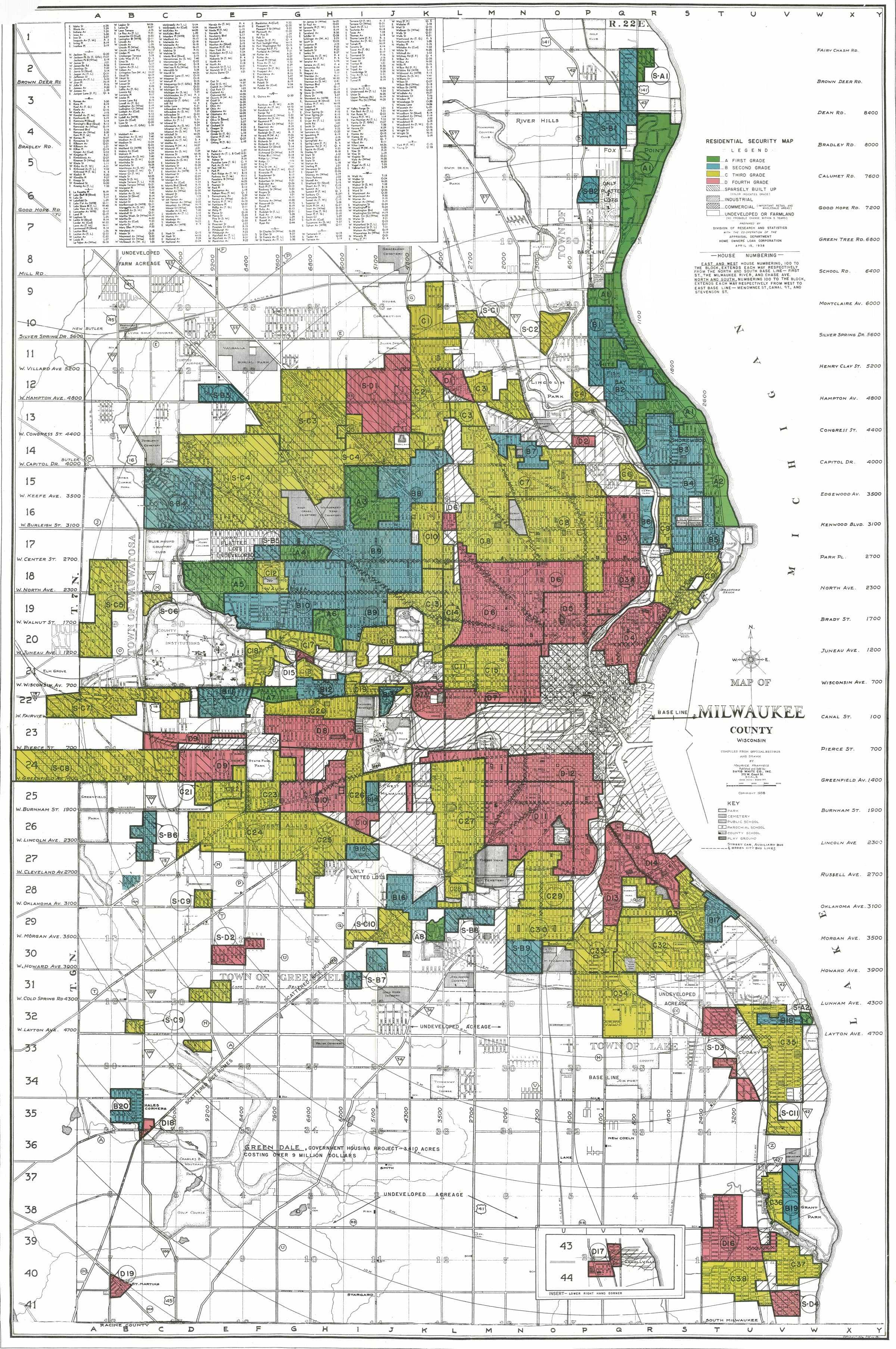 A colorful street map of Milwaukee County with a colored key based off a security survey of its residents.