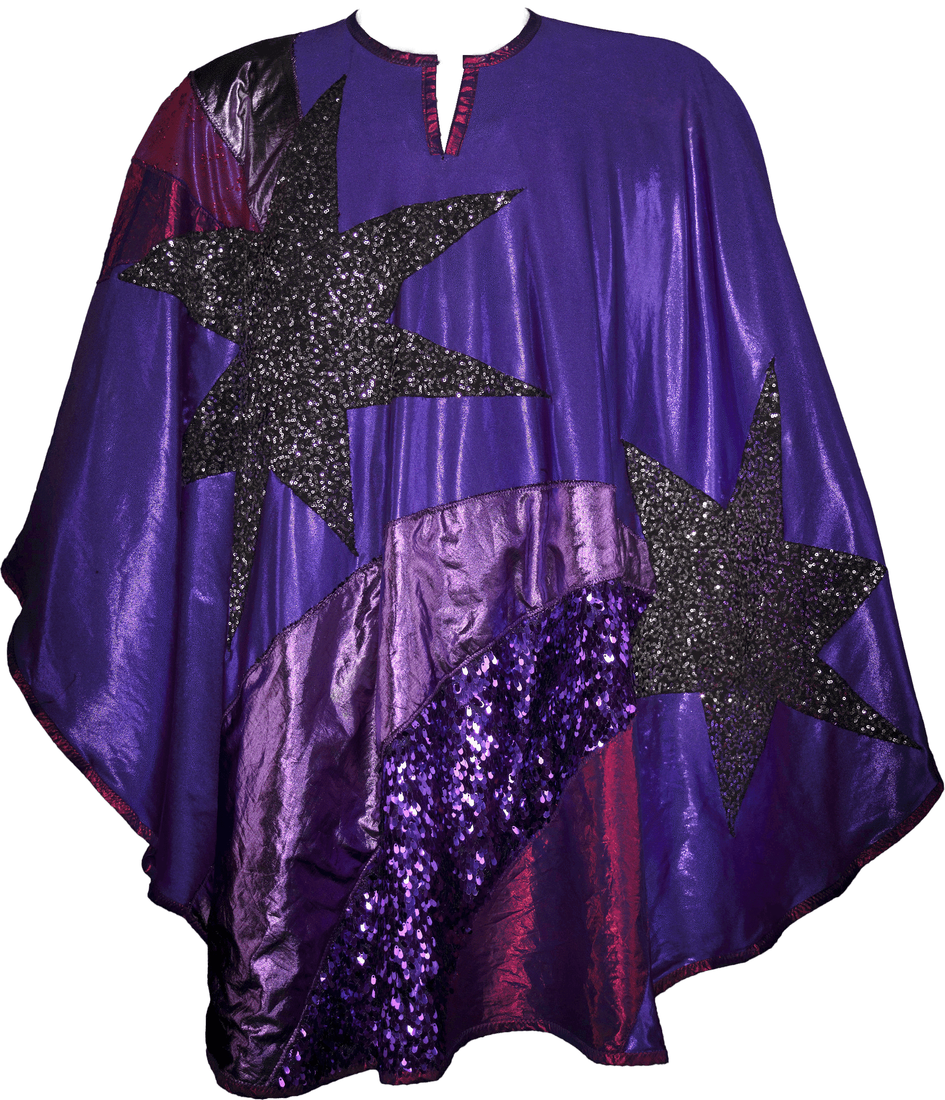 A purple poncho with different shades of purple and patterned strips and large sequences gray stars.