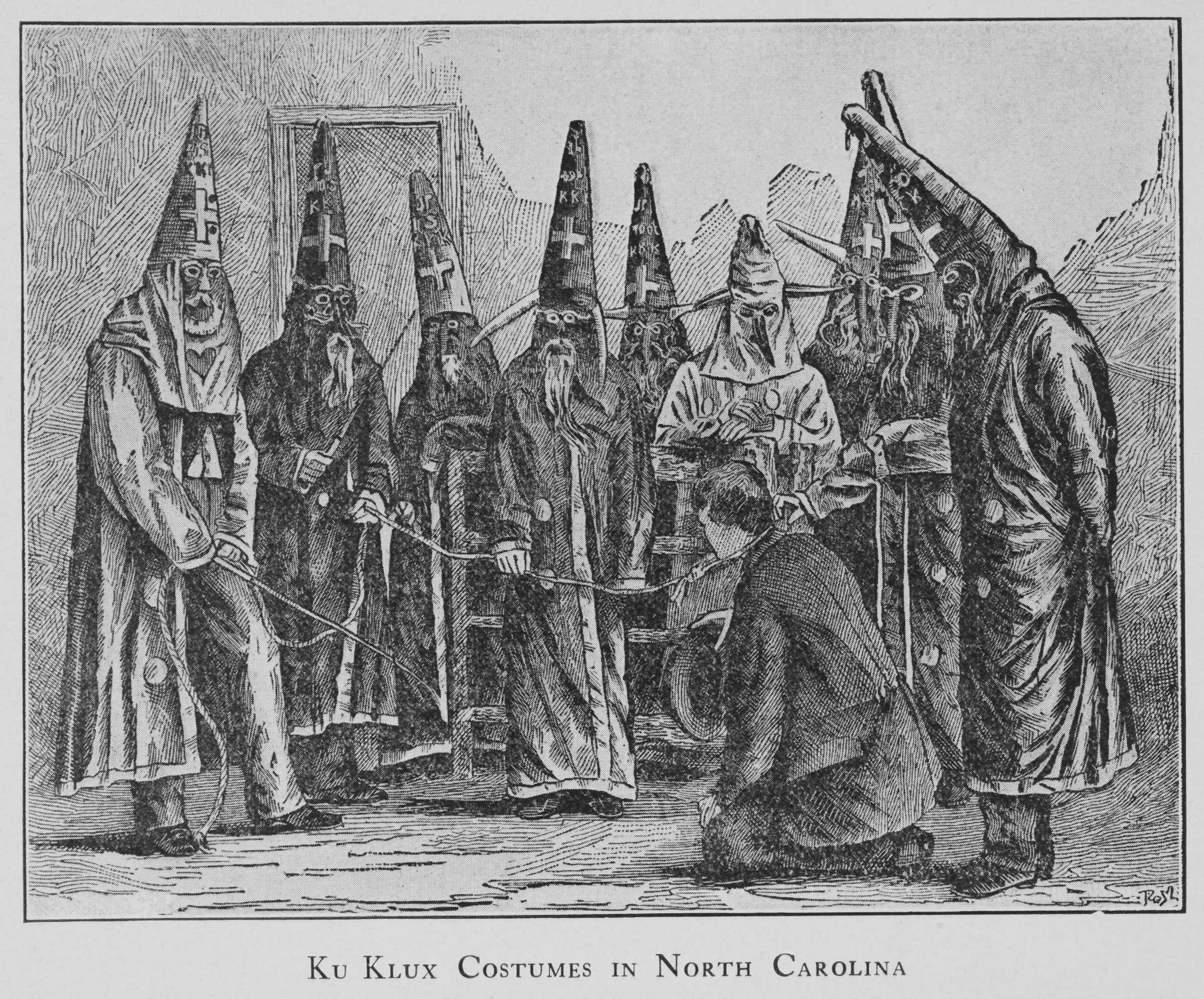 An engraving of KKK members huddling around a man on his knees. The man has a loose noose around his neck.