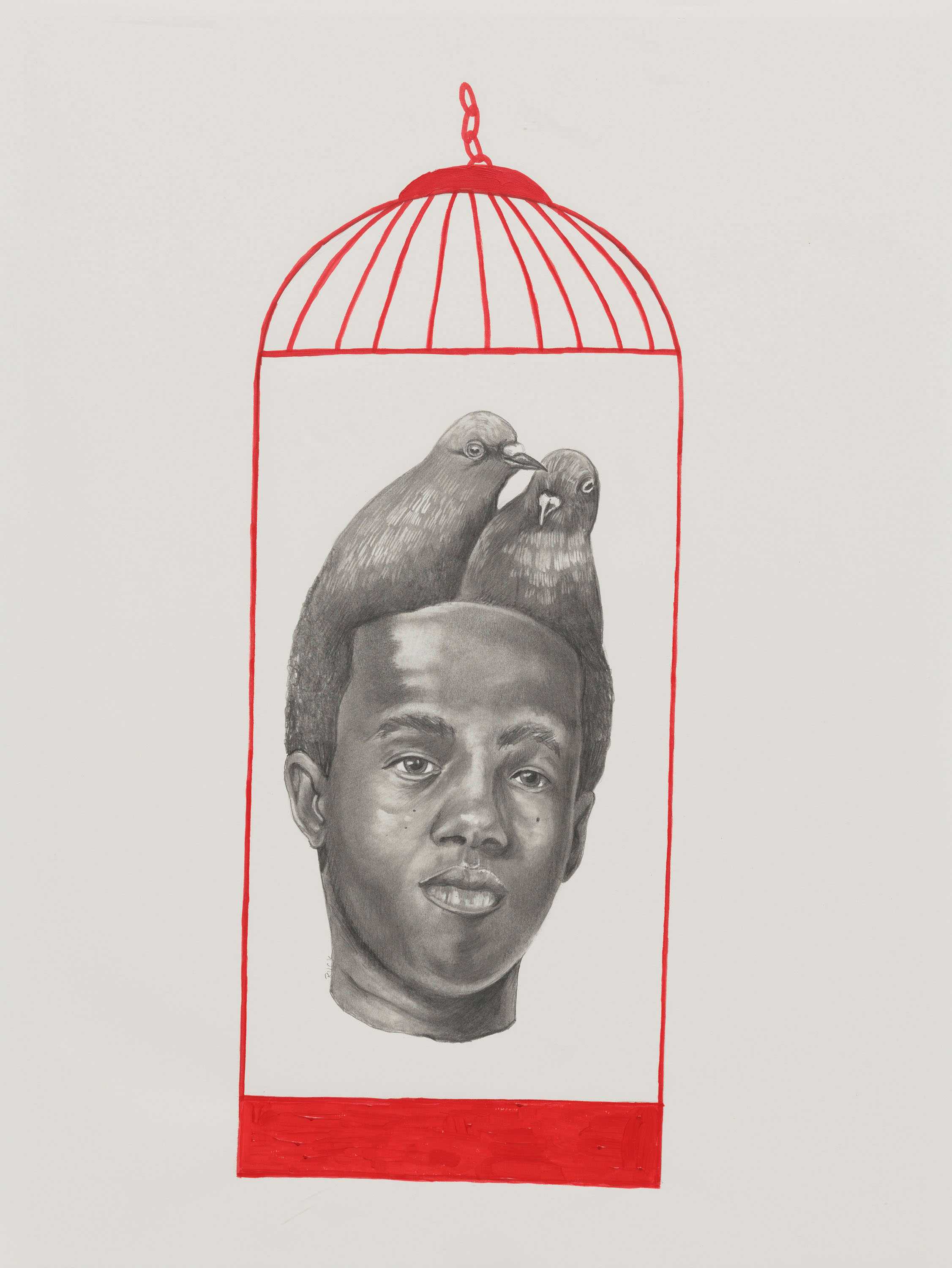 A mixed media portrait of a man with two pigeons emerging from the top of his head, framed in a red birdcage.