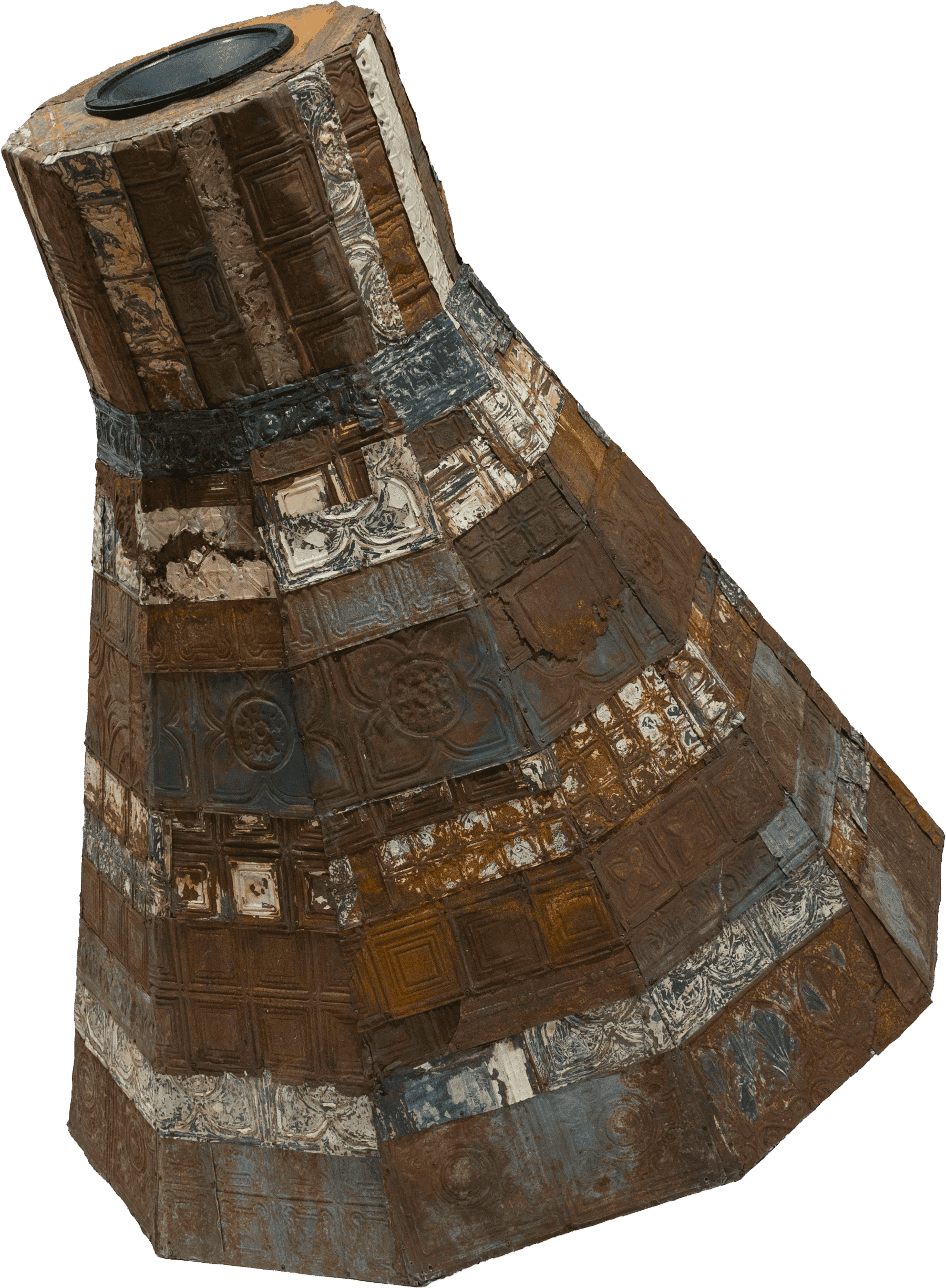 Mixed media art with tin plates and wood planks in the shape of a NASA Mercury spacecraft.