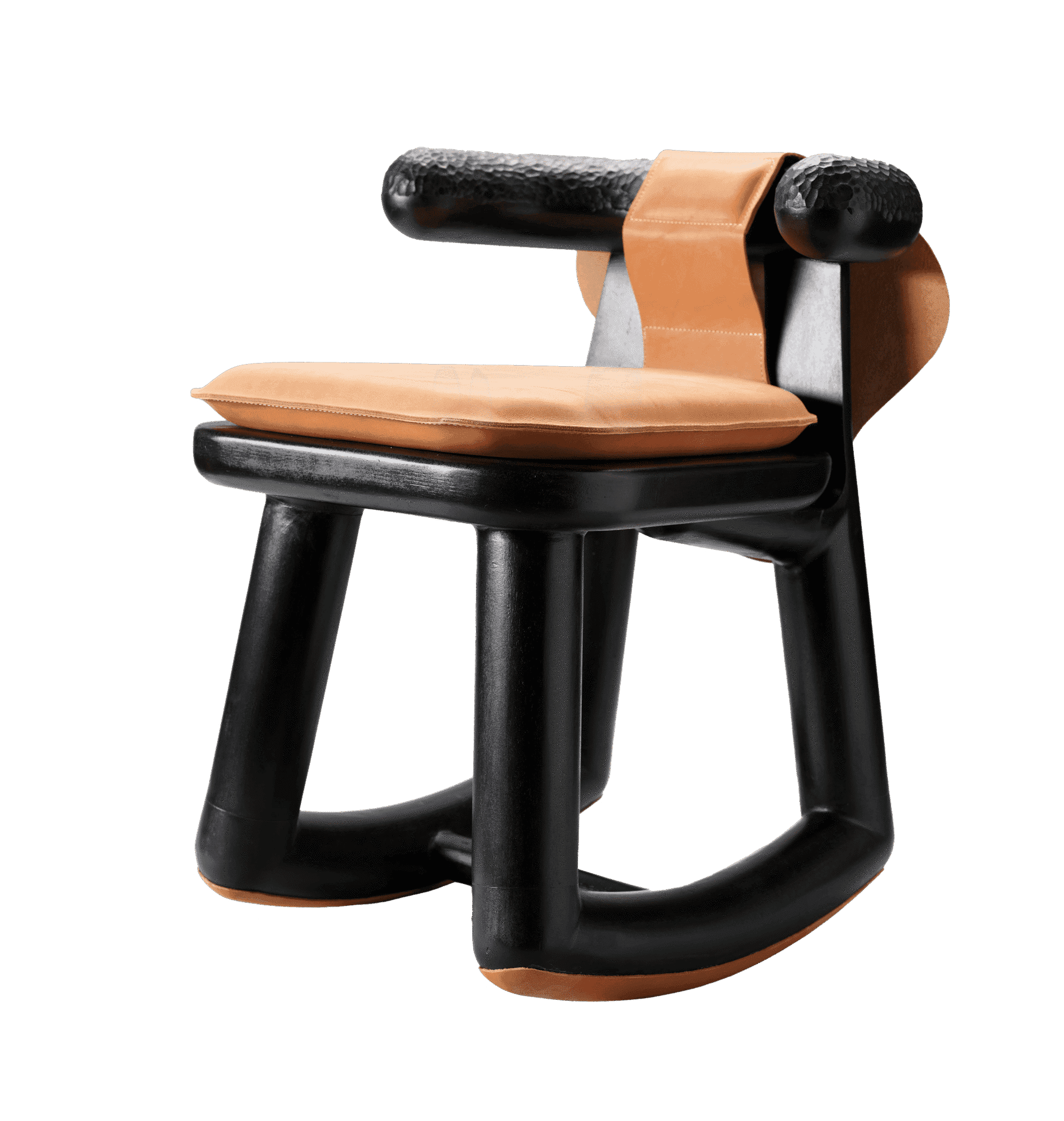 Small black wooden rocking chair with tan colored square seat.