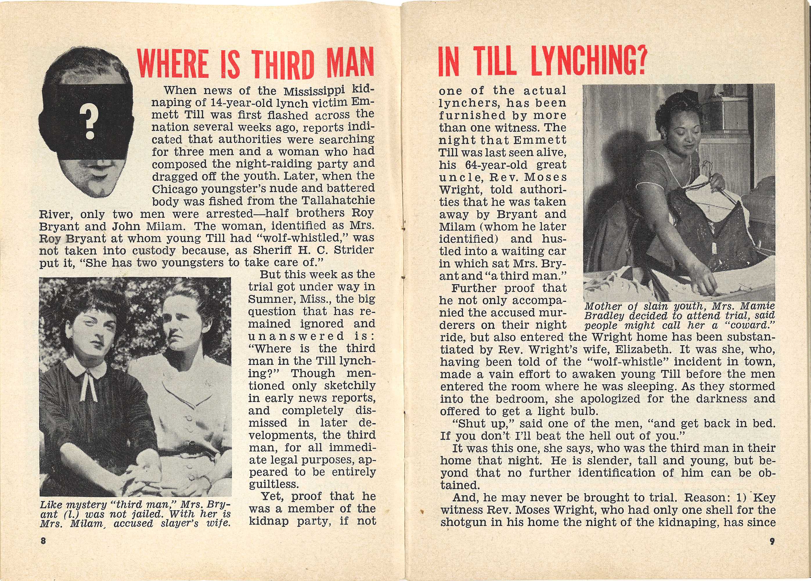 A page spread with an article about the unknown third suspects of Emmett Till's murder.