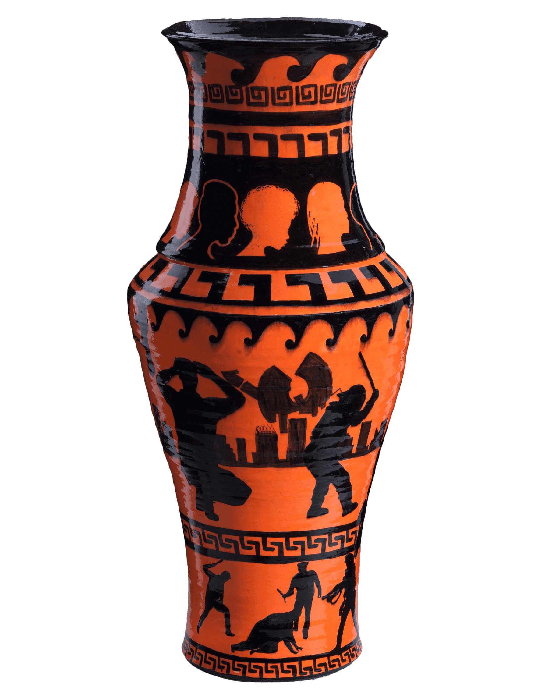 A black and orange ceramic krater inspired by ancient Greece. 3 different bands have scenes with interactions with police.