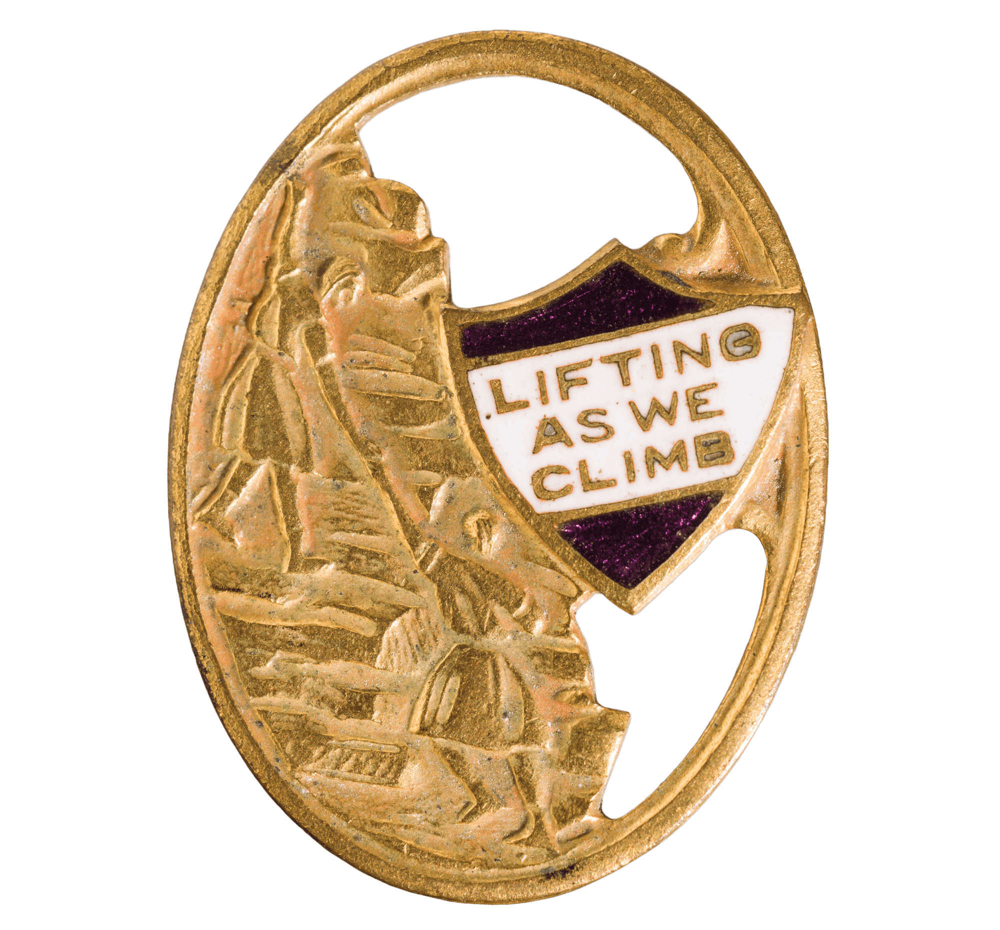 The pin with a banner and two girls helping each other climb. The banner reads "LIFTING / AS WE / CLIMB."