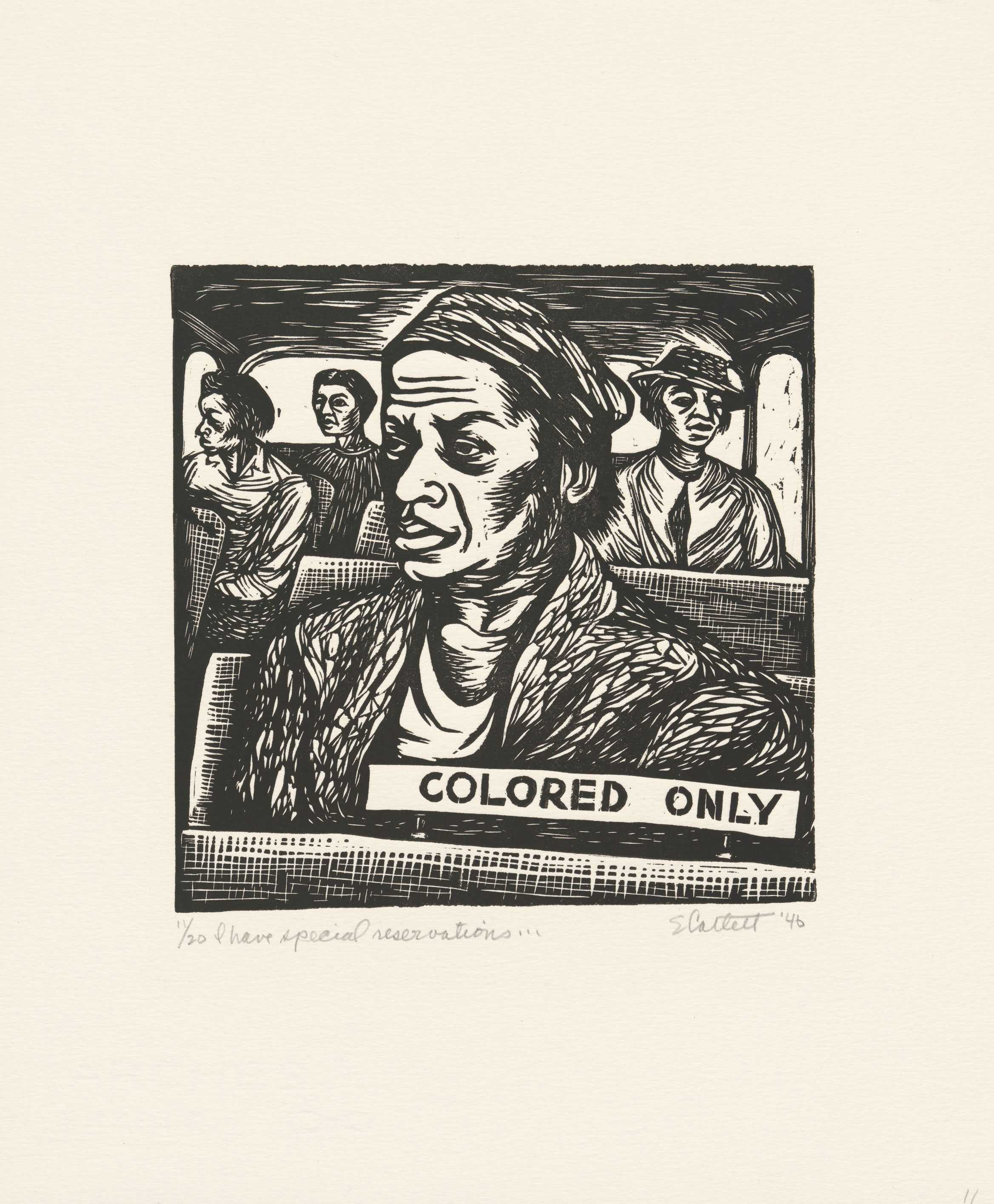 Black and white linocut of a segregated bus. A "COLORED ONLY" sign on first seat. 5 woman sit behind it.