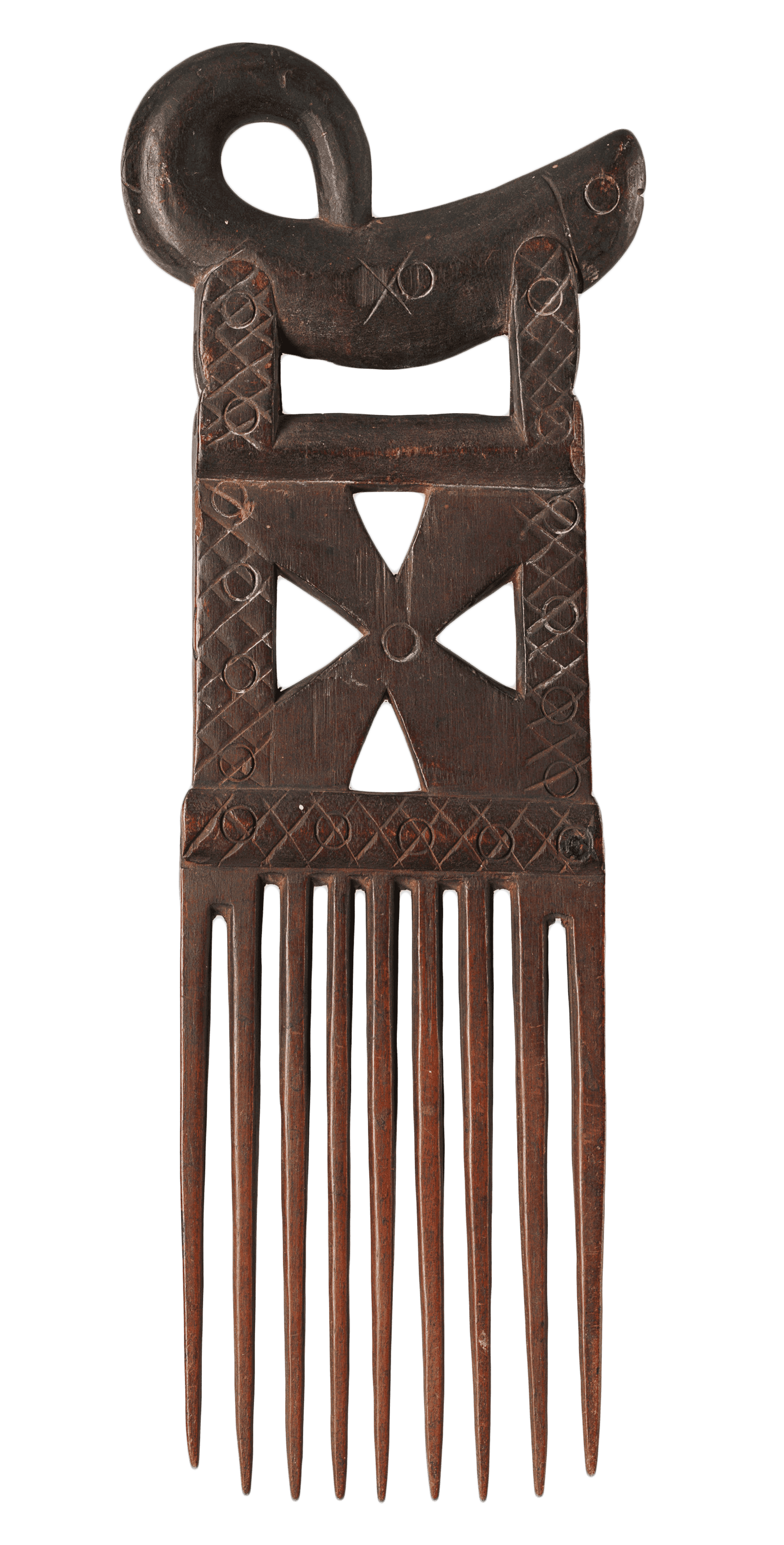 A wooden Matawai comb with a scorpion on top of the 10 spikes of the comb. A cross patterned is throuhgout the comb.