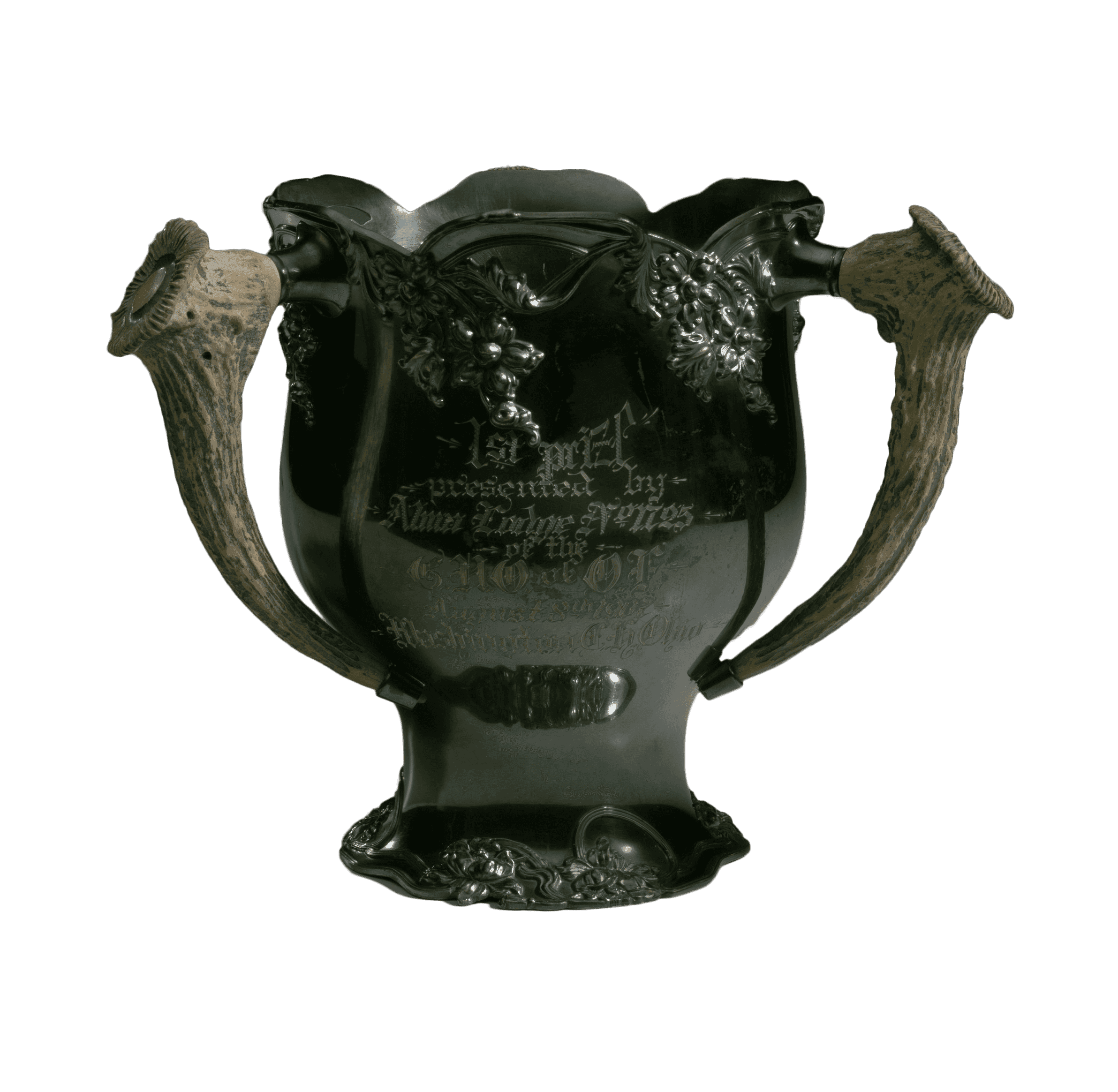 An engraved Rockford silver-plated trophy cup with three horn handles. The cup has decorative filigree at the top, handles, and base.