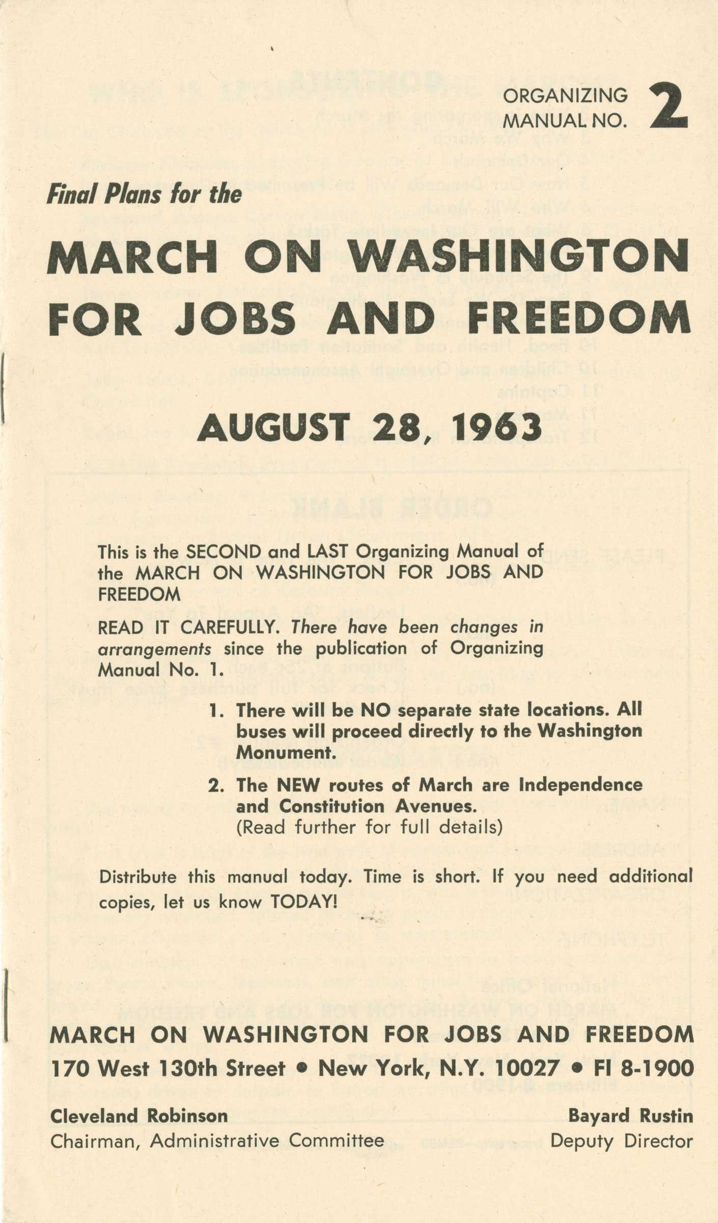 A pamphlet, black print on yellowed paper. The text reads "Final Plans for the March on Washington For Jobs and Freedom".