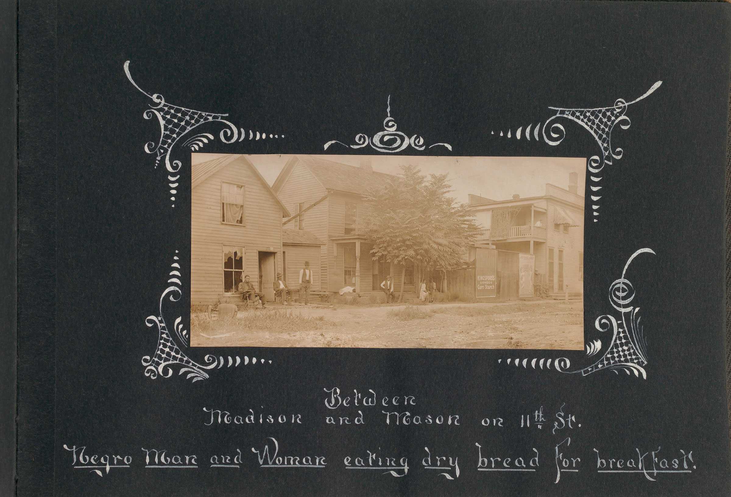 A sepia-toned photo of a few buildings of Springfield Illinois race riot aftermath with hand-drawn captions.