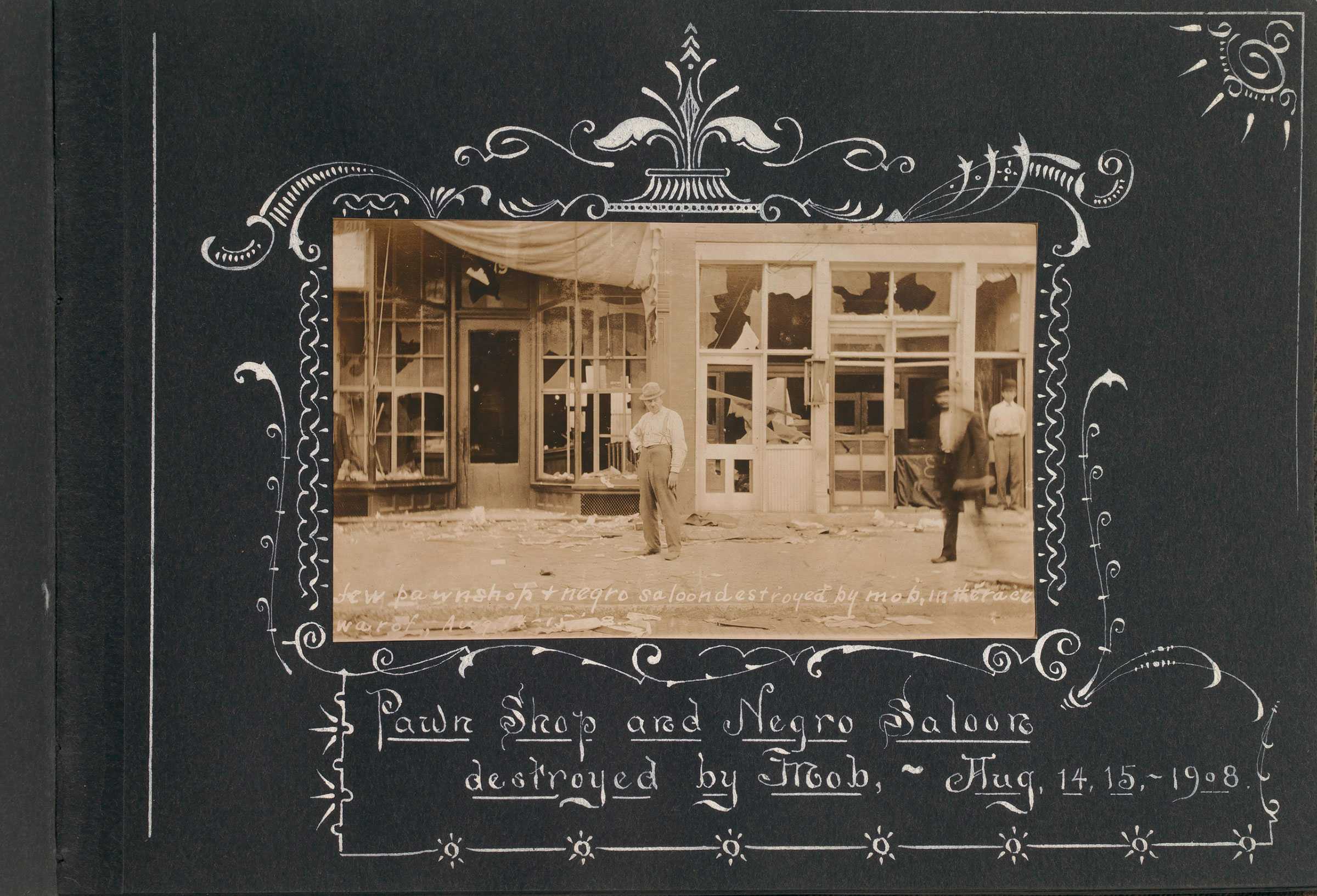 A sepia-toned photo of destroyed buildings of Springfield Illinois race riot aftermath with hand-drawn captions.