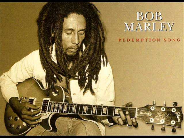 Album cover of Bob Marley, “Redemption Song”. Bob Marley is playing a guitar against a sepia tone background.