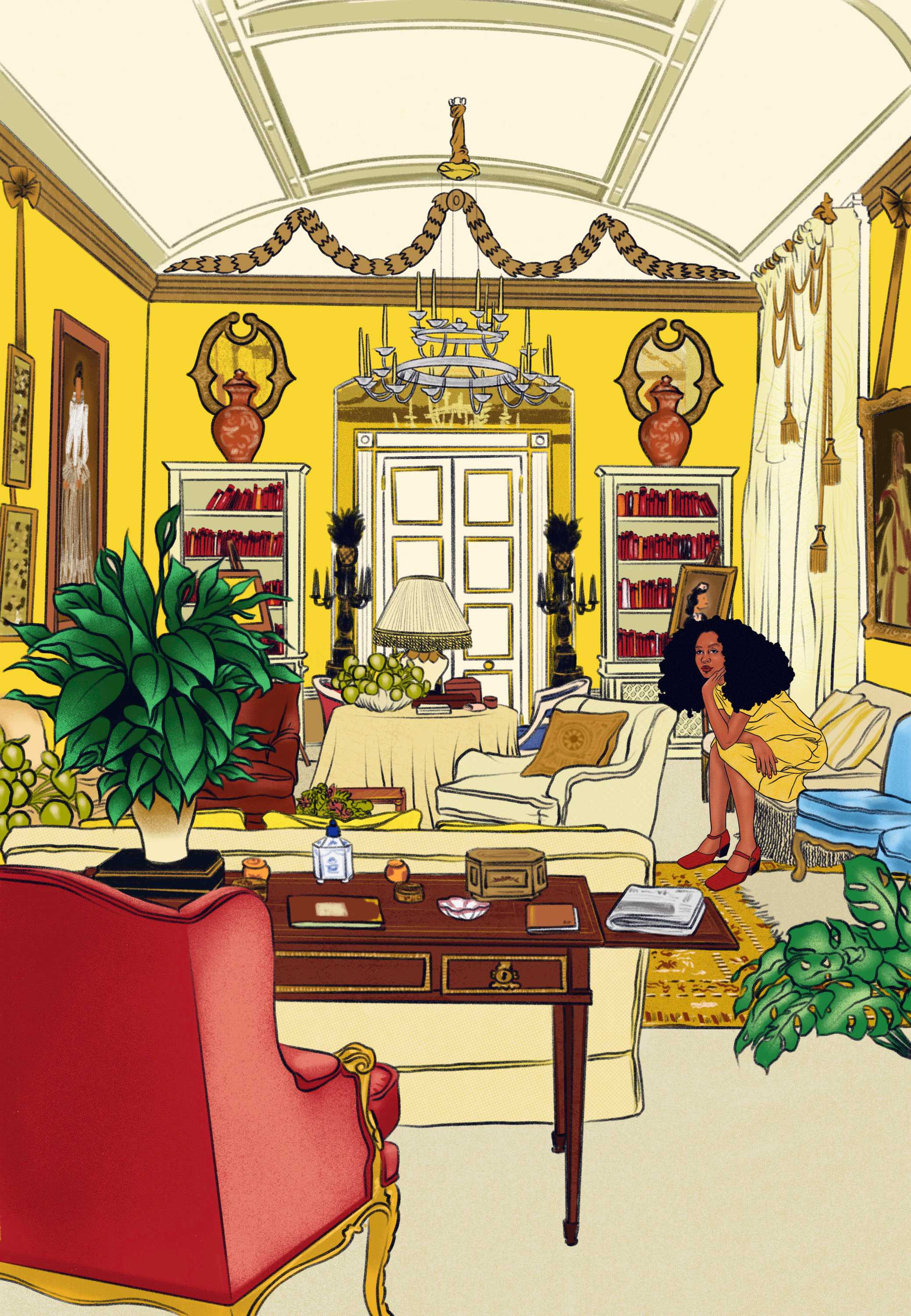Color illustration of black woman sitting on beige sofa dressed in a yellow dress that matches the bright yellow walls.  The room is elaborately decorated with plants, furniture and art objects.