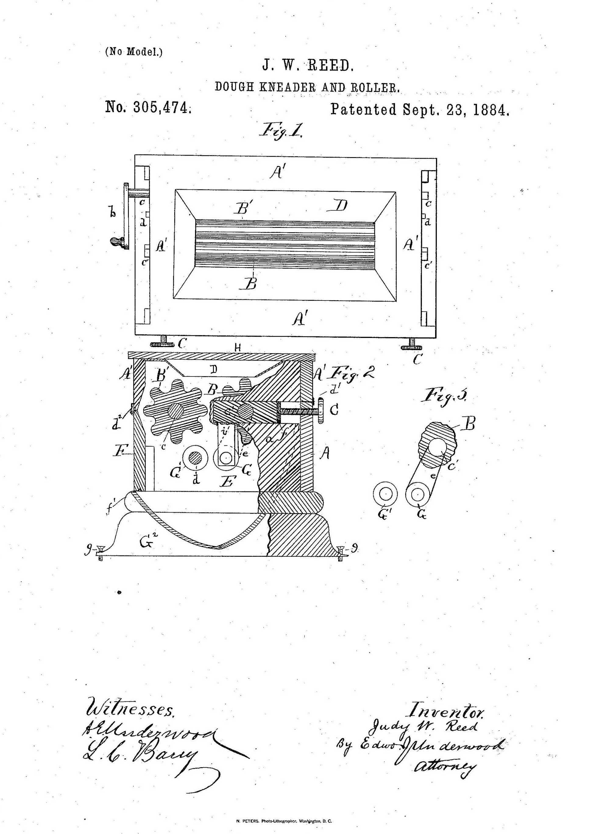 A 2 diagrams of a top view and side view of the Dough Kneader and Roller from the patent.