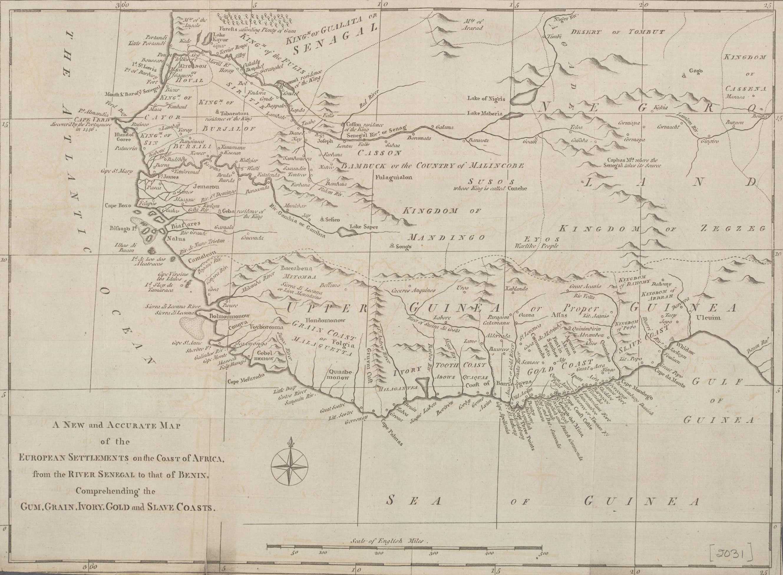 A map of the coast of Africa. Labels mark european settlements, oceans, rivers, and mountains.