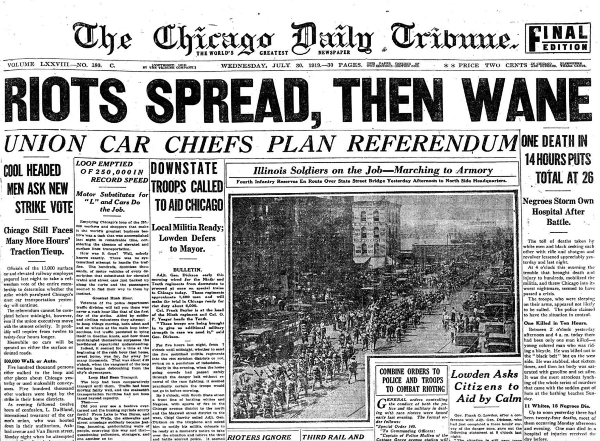 Front page of the Chicago Daily Tribune from July 30, 1919.  Headlines read "Riots Spreads, Then Wane"