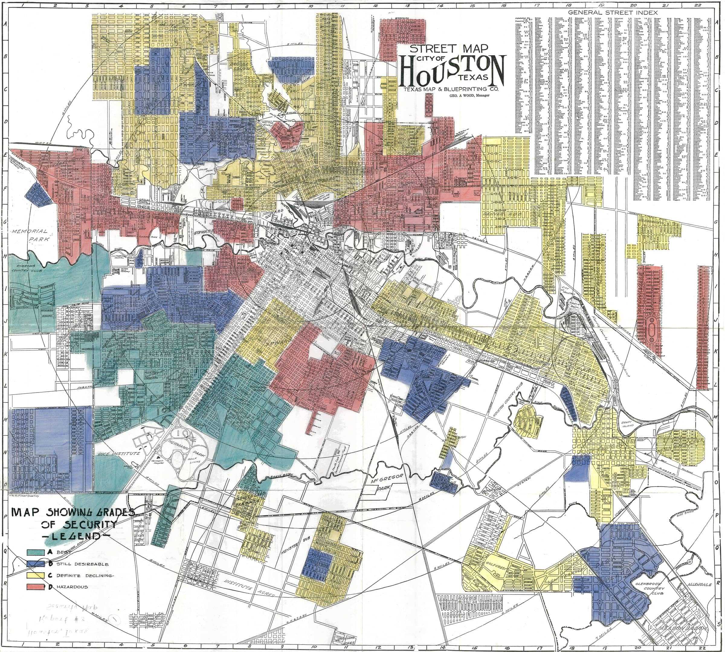 A colorful street Map of Houston, Texas with a colored key based off a security survey of its residents.