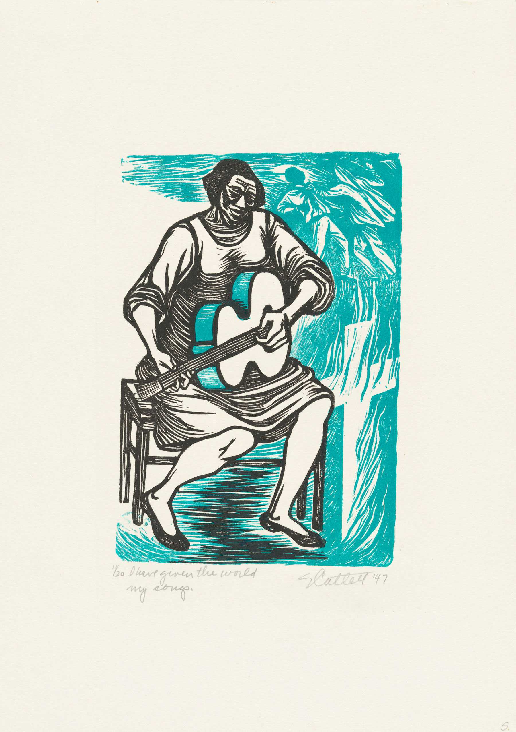 Color linocut of woman playing guitar on stool. A vignette of hooded man attacking another is in the background.