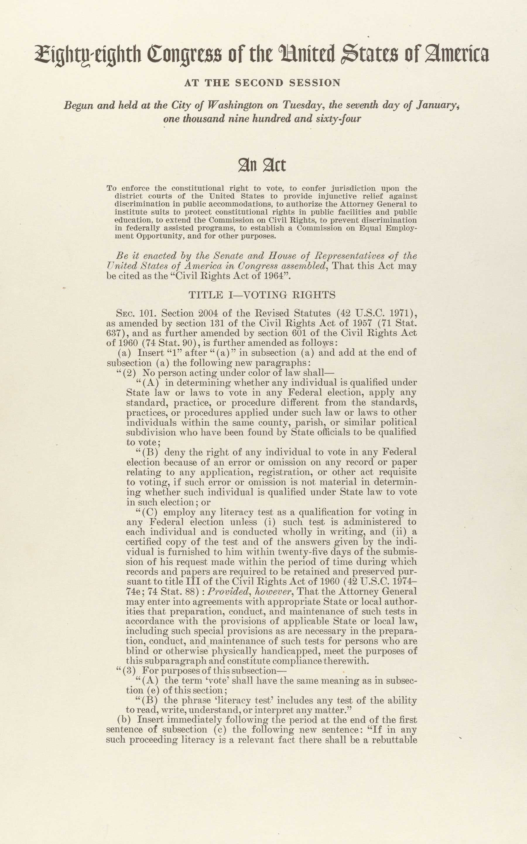 The official public law of Civil Rights Act. The header notes it is the 88th Congress of the US. The Act follows with the first Title called Voting Rights.